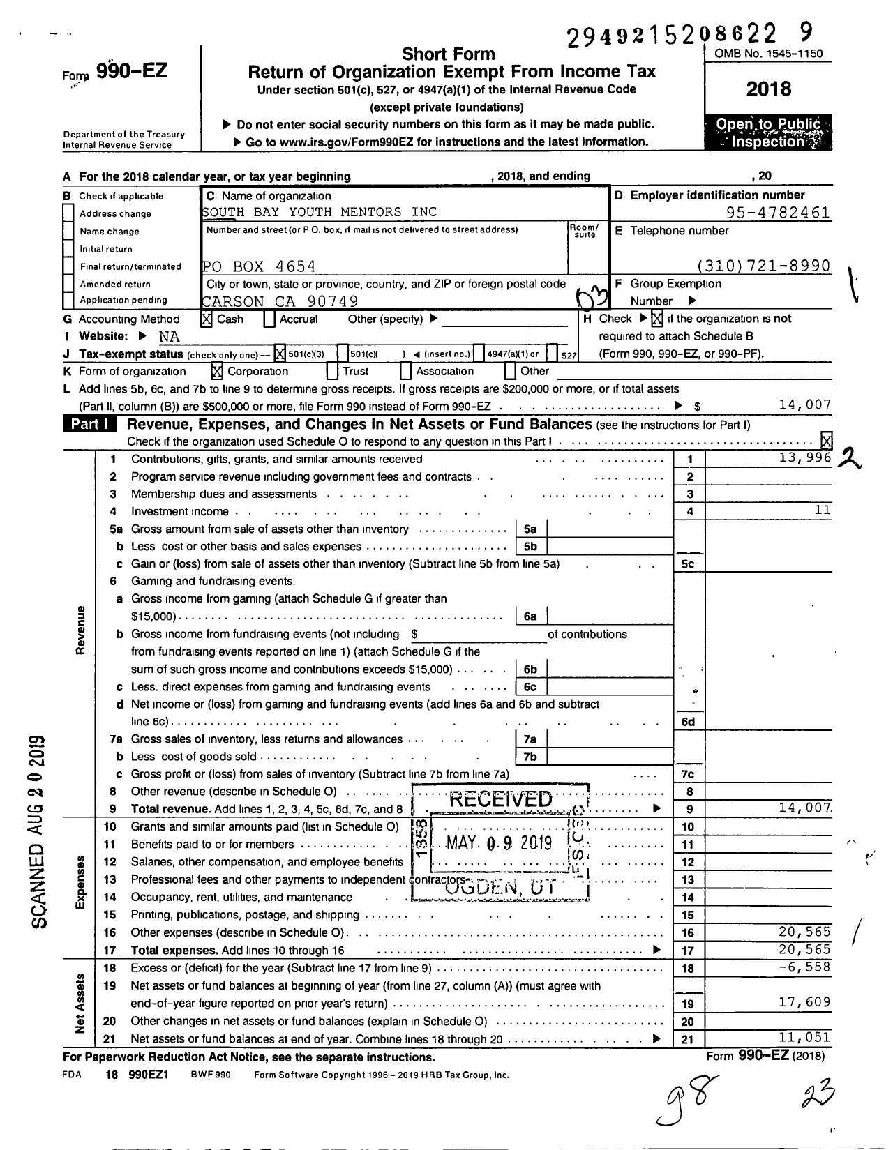 Image of first page of 2018 Form 990EZ for South Bay Youth Mentors