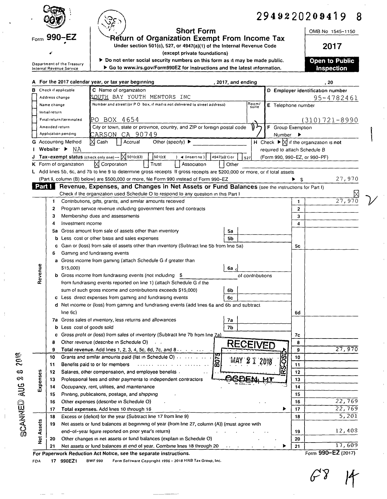 Image of first page of 2017 Form 990EZ for South Bay Youth Mentors