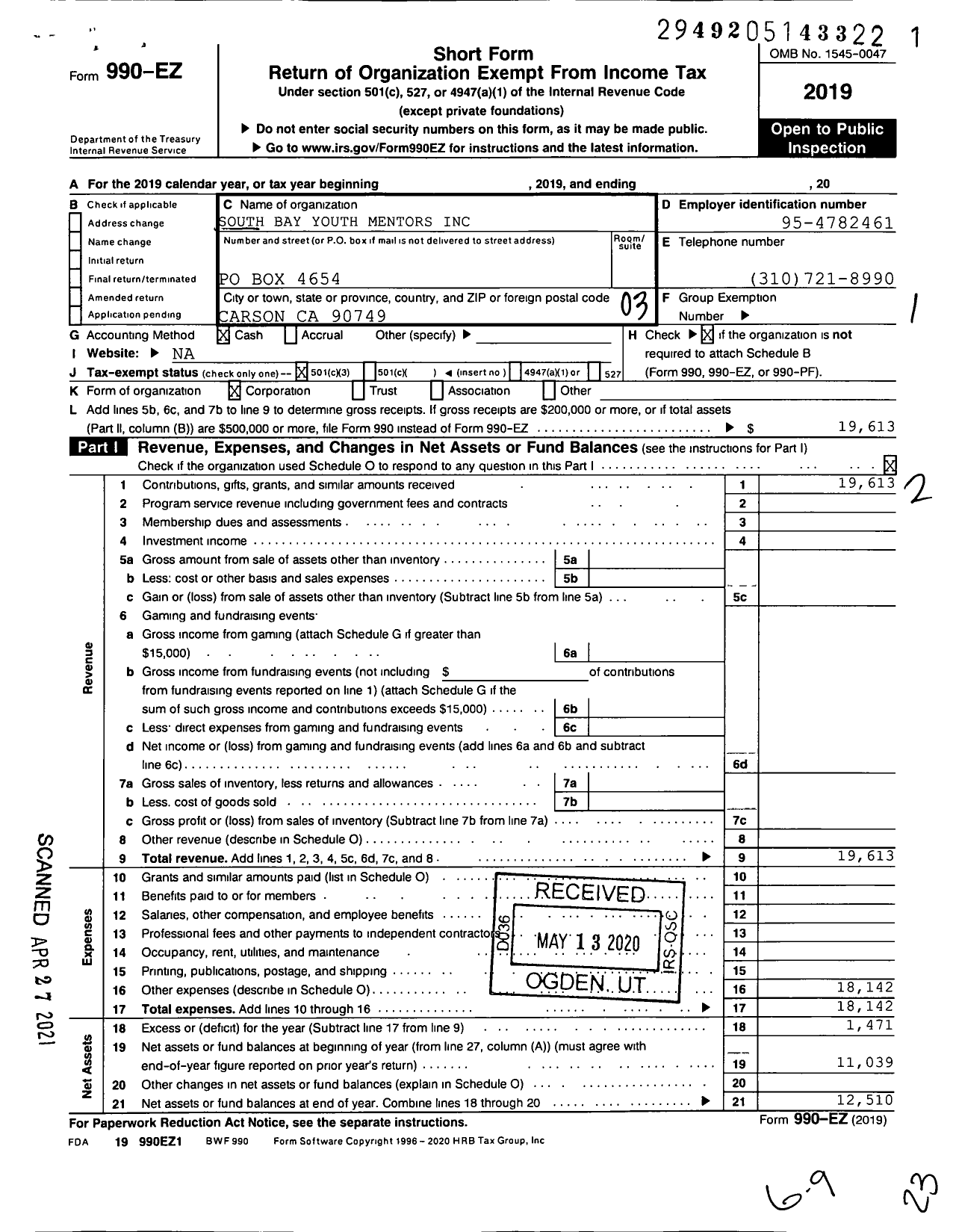 Image of first page of 2019 Form 990EZ for South Bay Youth Mentors