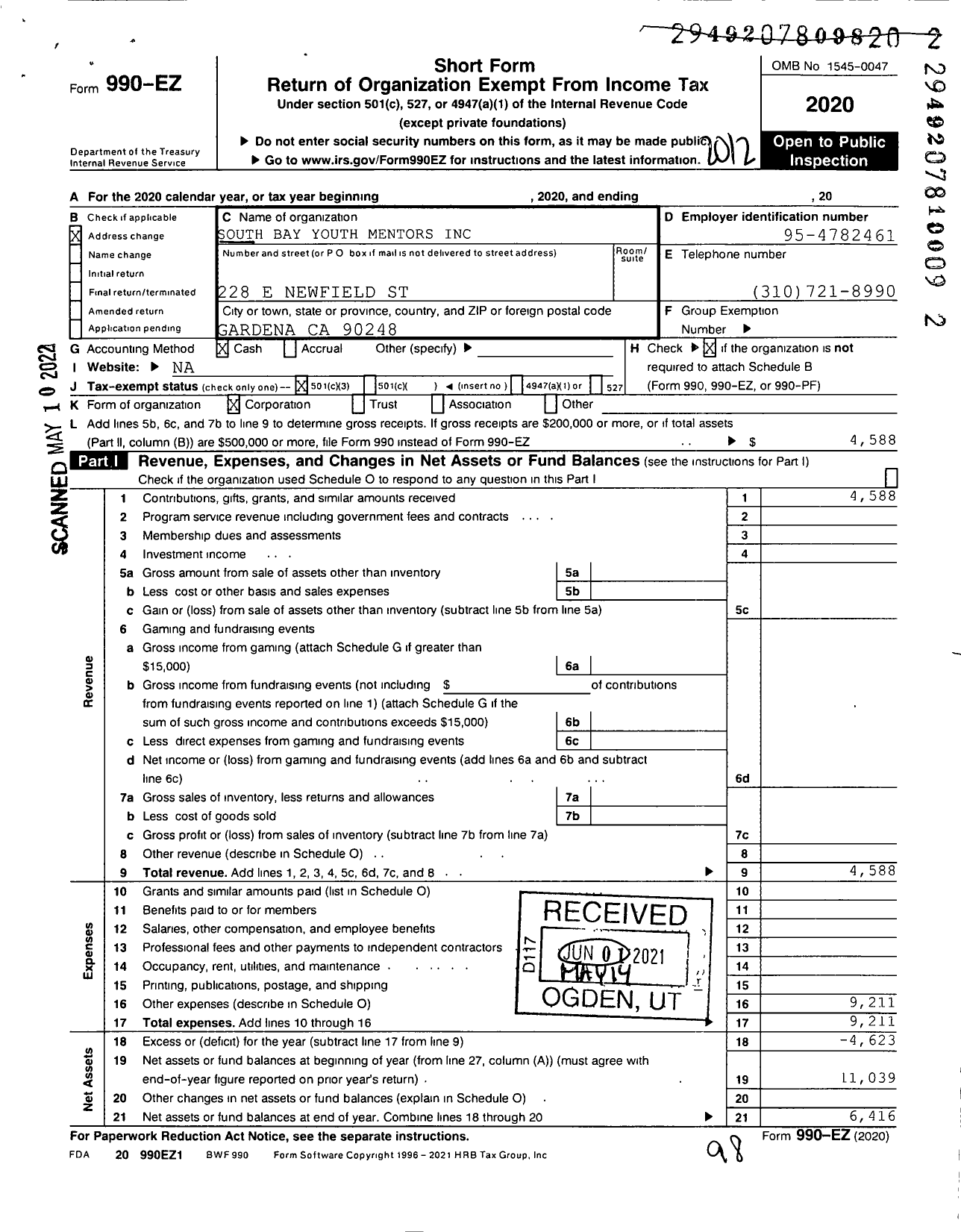 Image of first page of 2020 Form 990EZ for South Bay Youth Mentors