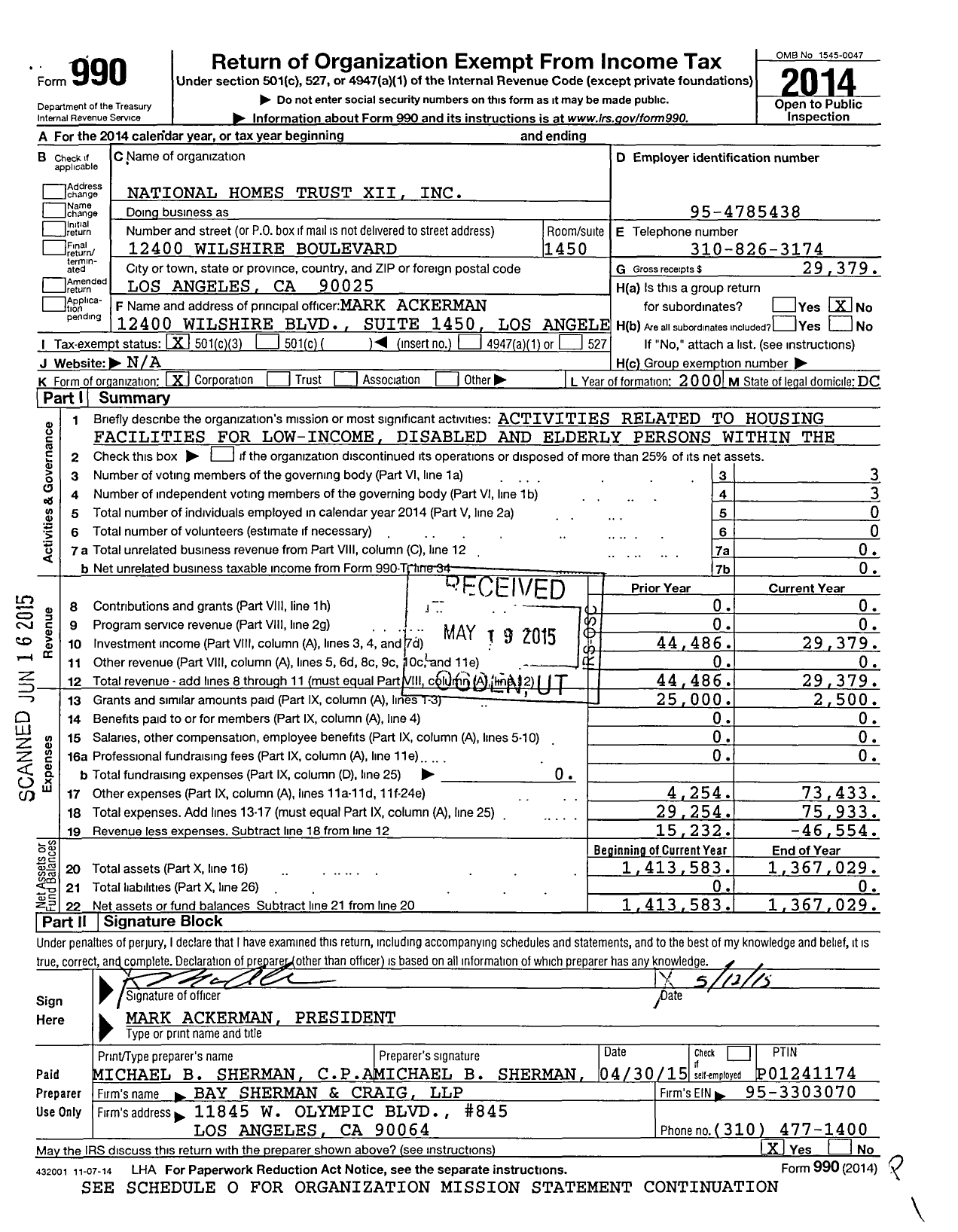 Image of first page of 2014 Form 990 for National Homes Trust Xii