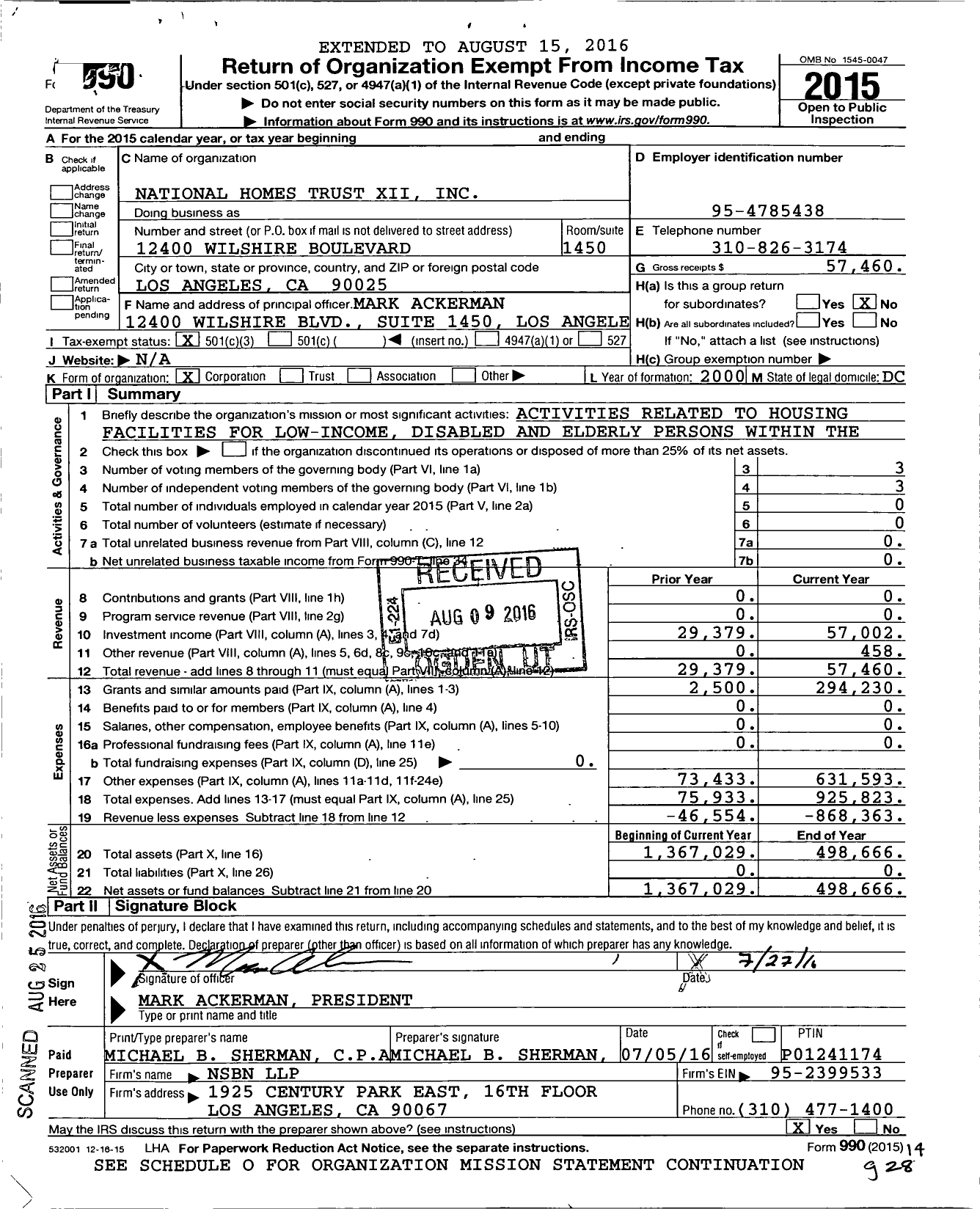 Image of first page of 2015 Form 990 for National Homes Trust Xii