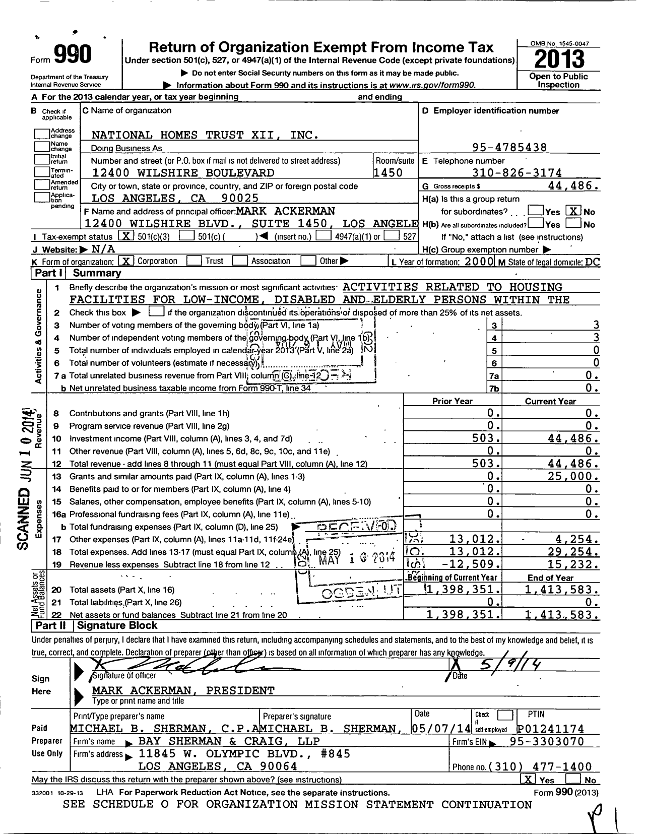 Image of first page of 2013 Form 990 for National Homes Trust Xii