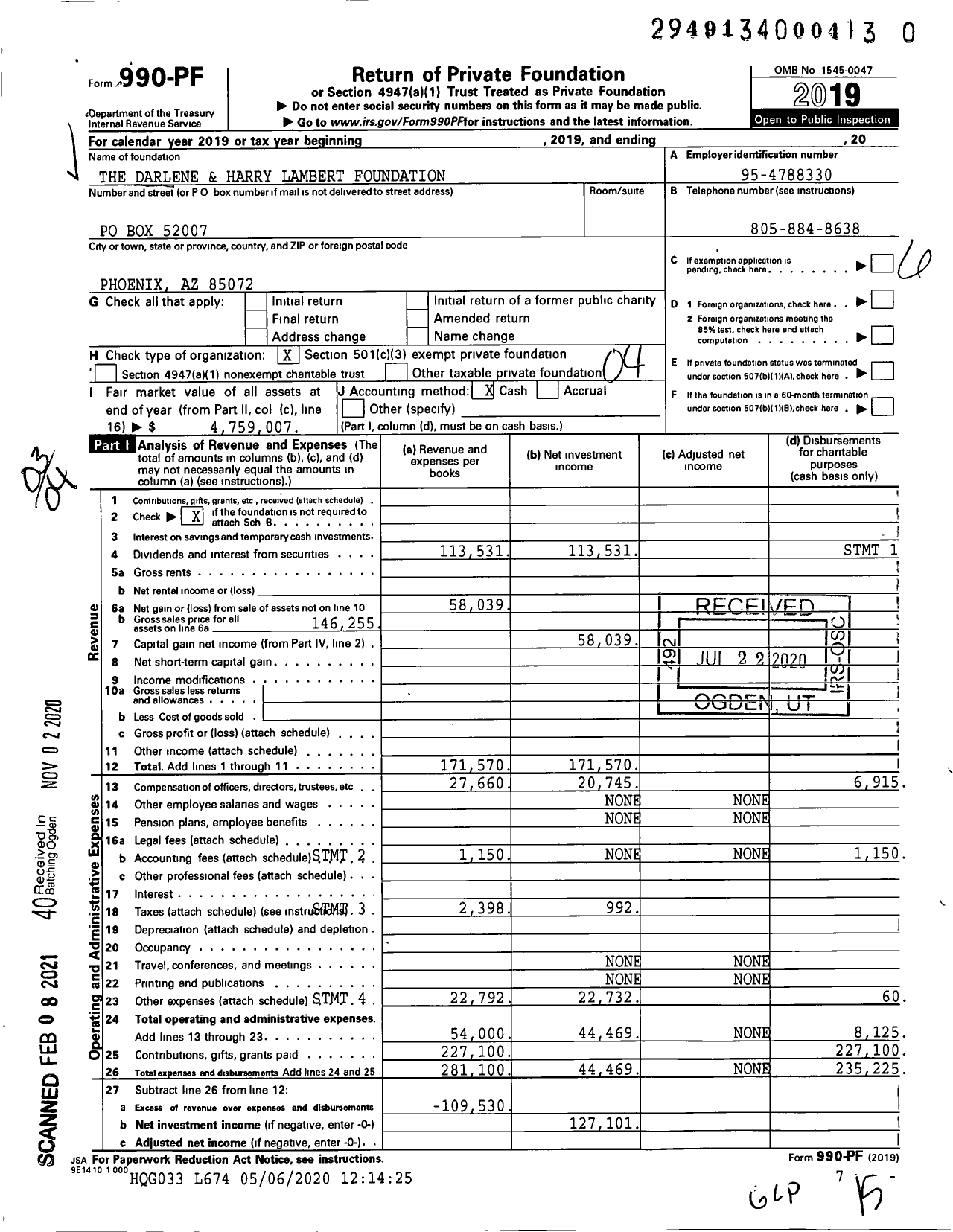 Image of first page of 2019 Form 990PF for The Darlene and Harry Lambert Foundation