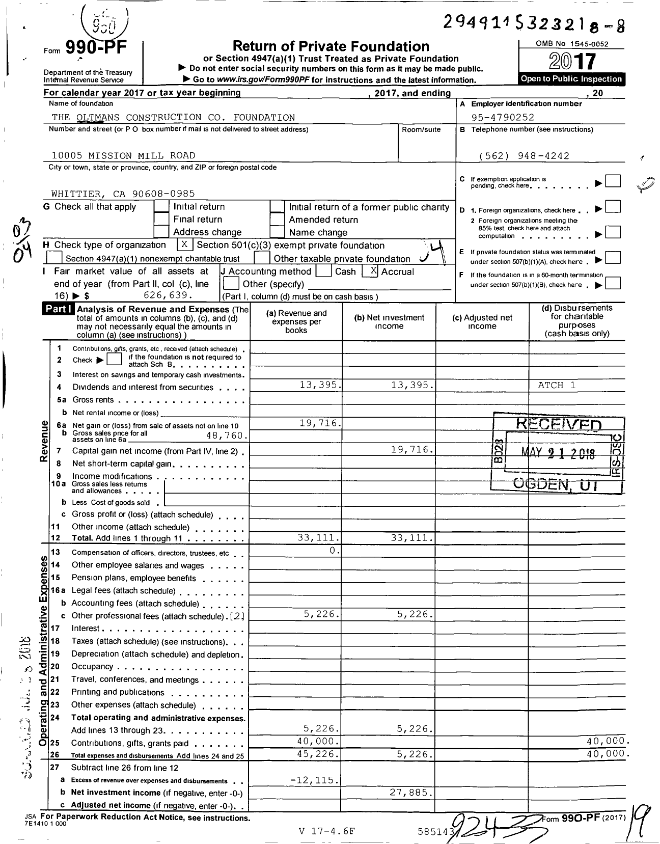 Image of first page of 2017 Form 990PF for The Oltmans Construction Co Foundation