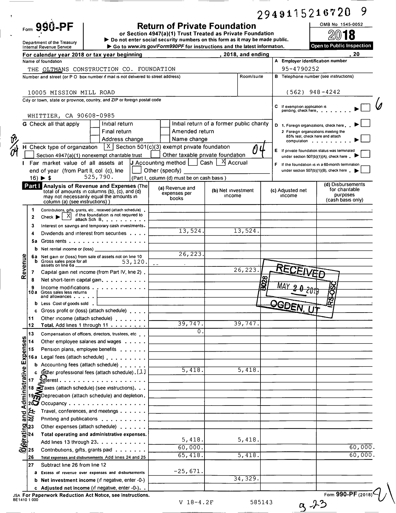 Image of first page of 2018 Form 990PF for The Oltmans Construction Co Foundation