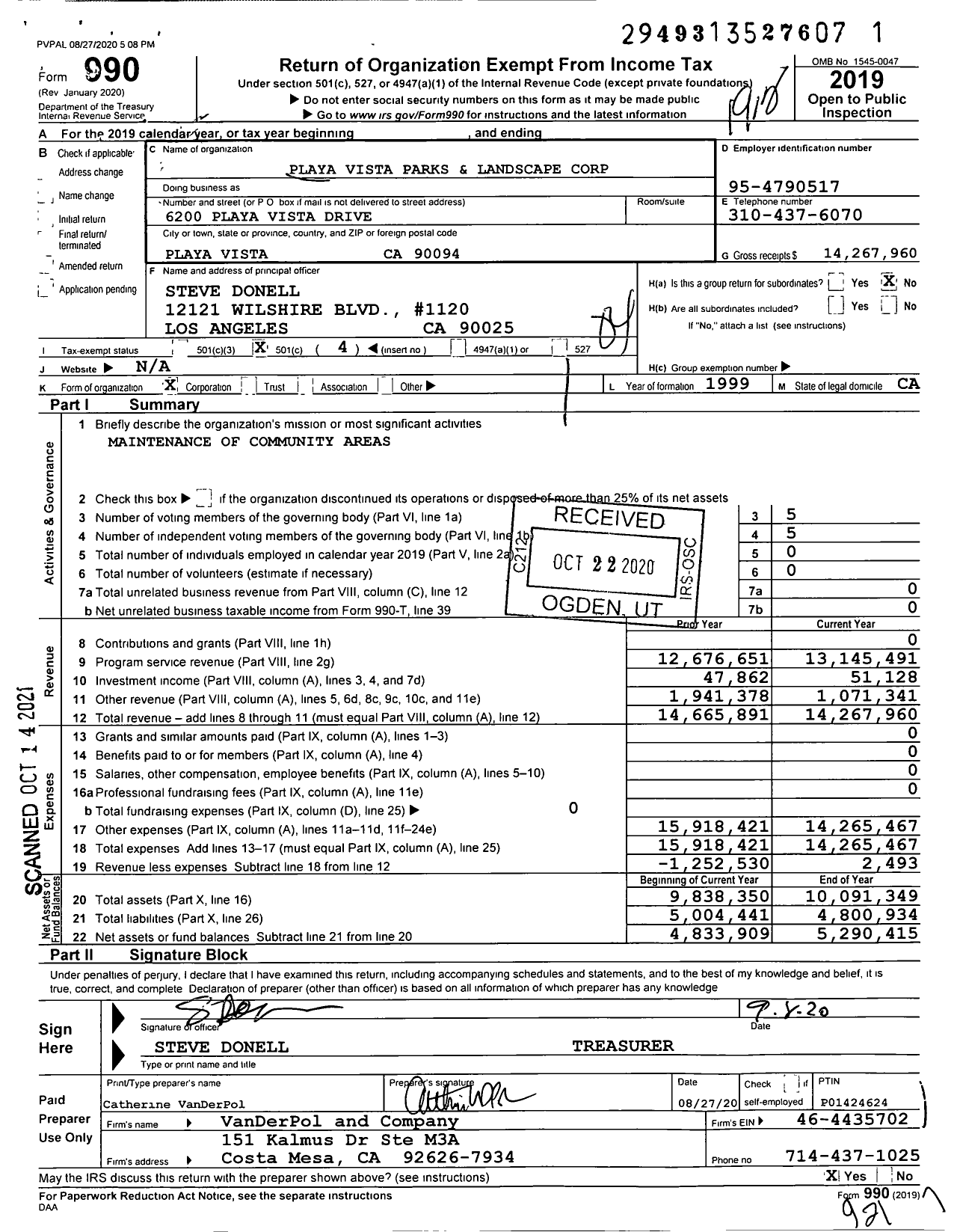 Image of first page of 2019 Form 990O for Playa Vista Parks and Landscape Corporation