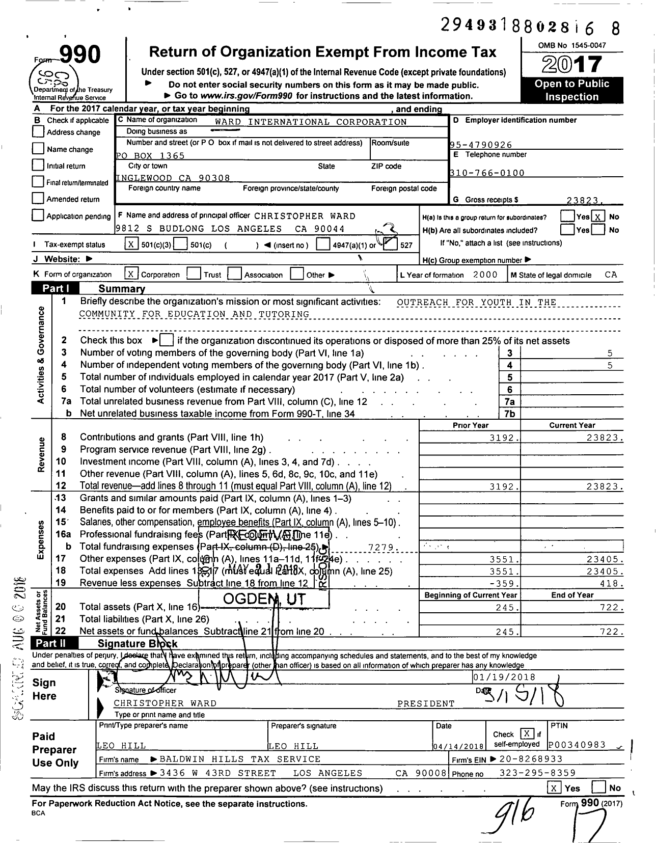 Image of first page of 2017 Form 990 for Ward International Corporation