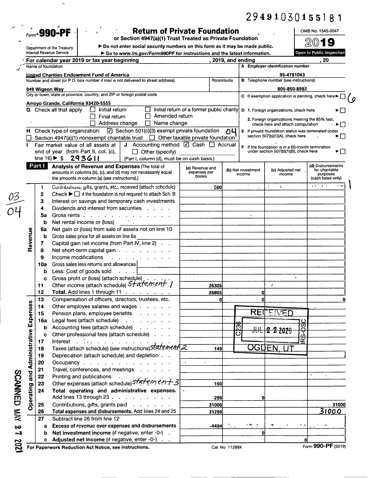 Image of first page of 2019 Form 990PF for United Charities Endowment Fund of America