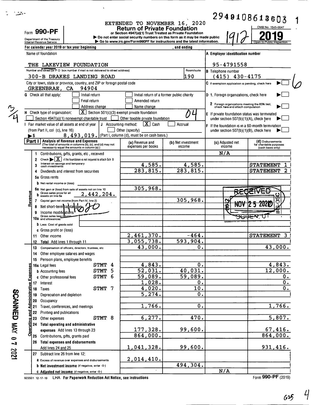 Image of first page of 2019 Form 990PF for The Lakeview Foundation