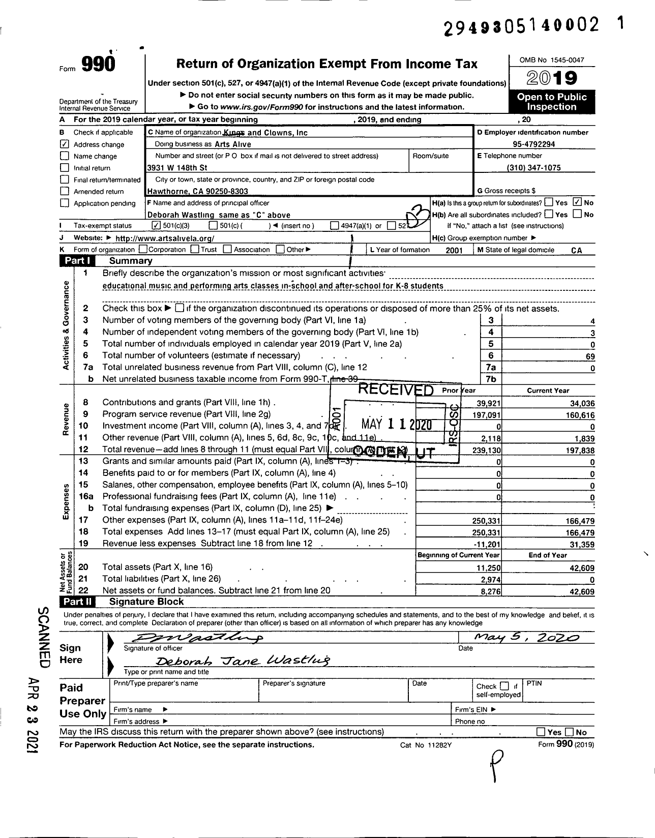 Image of first page of 2019 Form 990 for Kings and Clowns