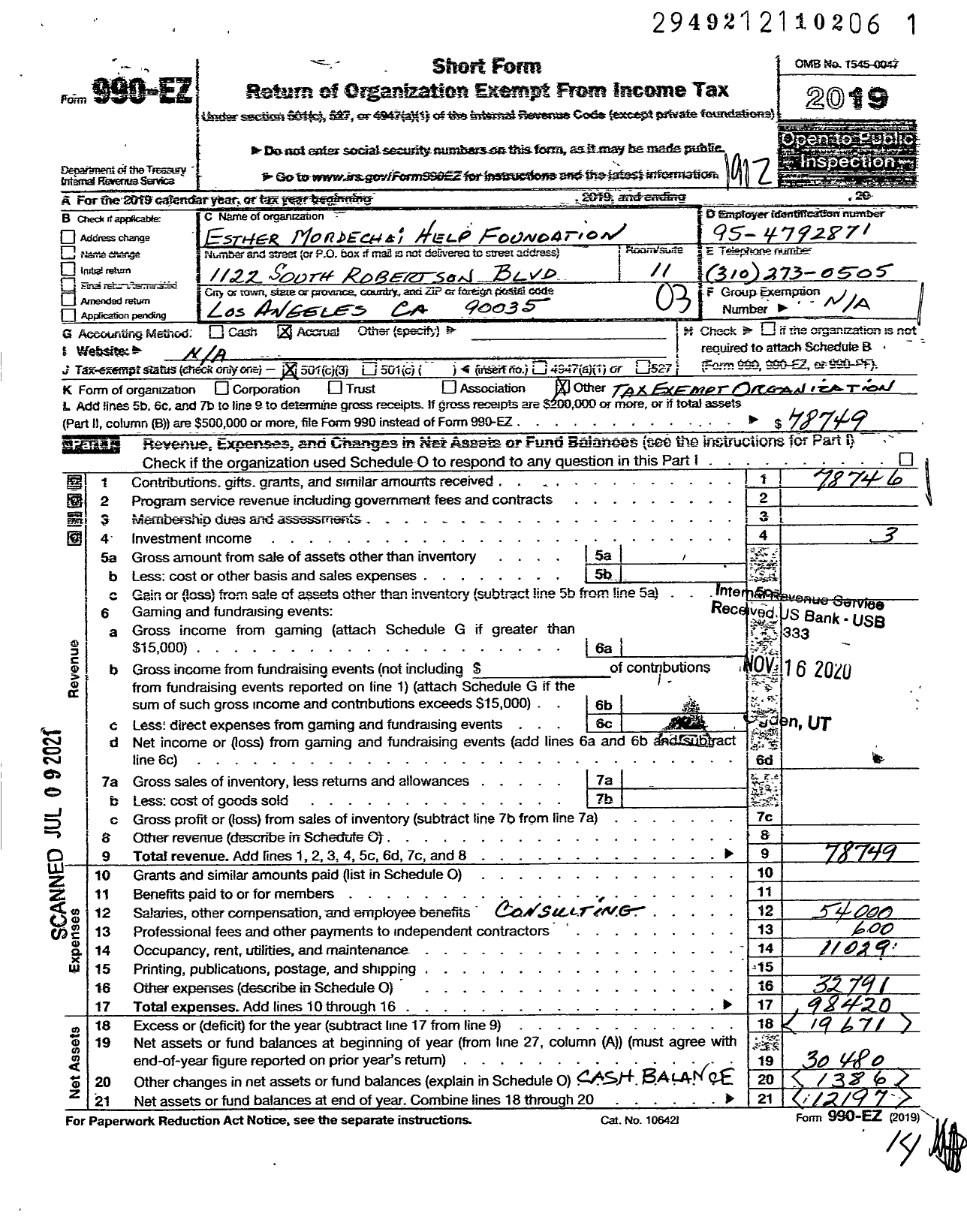 Image of first page of 2019 Form 990EZ for Esther Mordechai Help Foundation