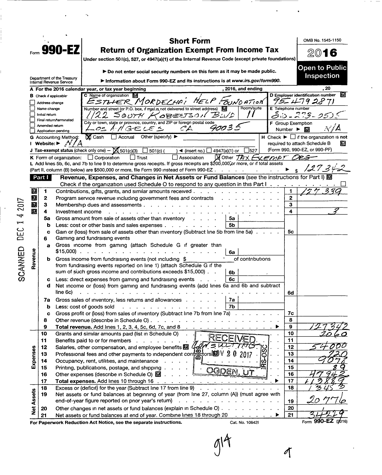 Image of first page of 2016 Form 990EZ for Esther Mordechai Help Foundation