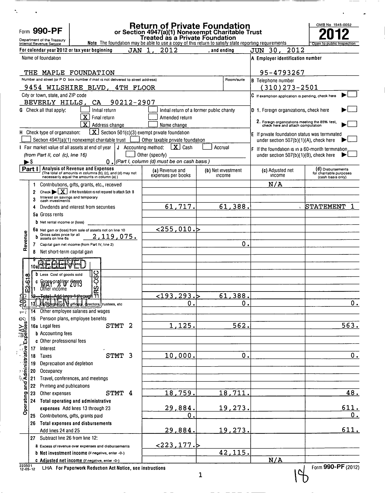 Image of first page of 2011 Form 990PF for Maple Foundation