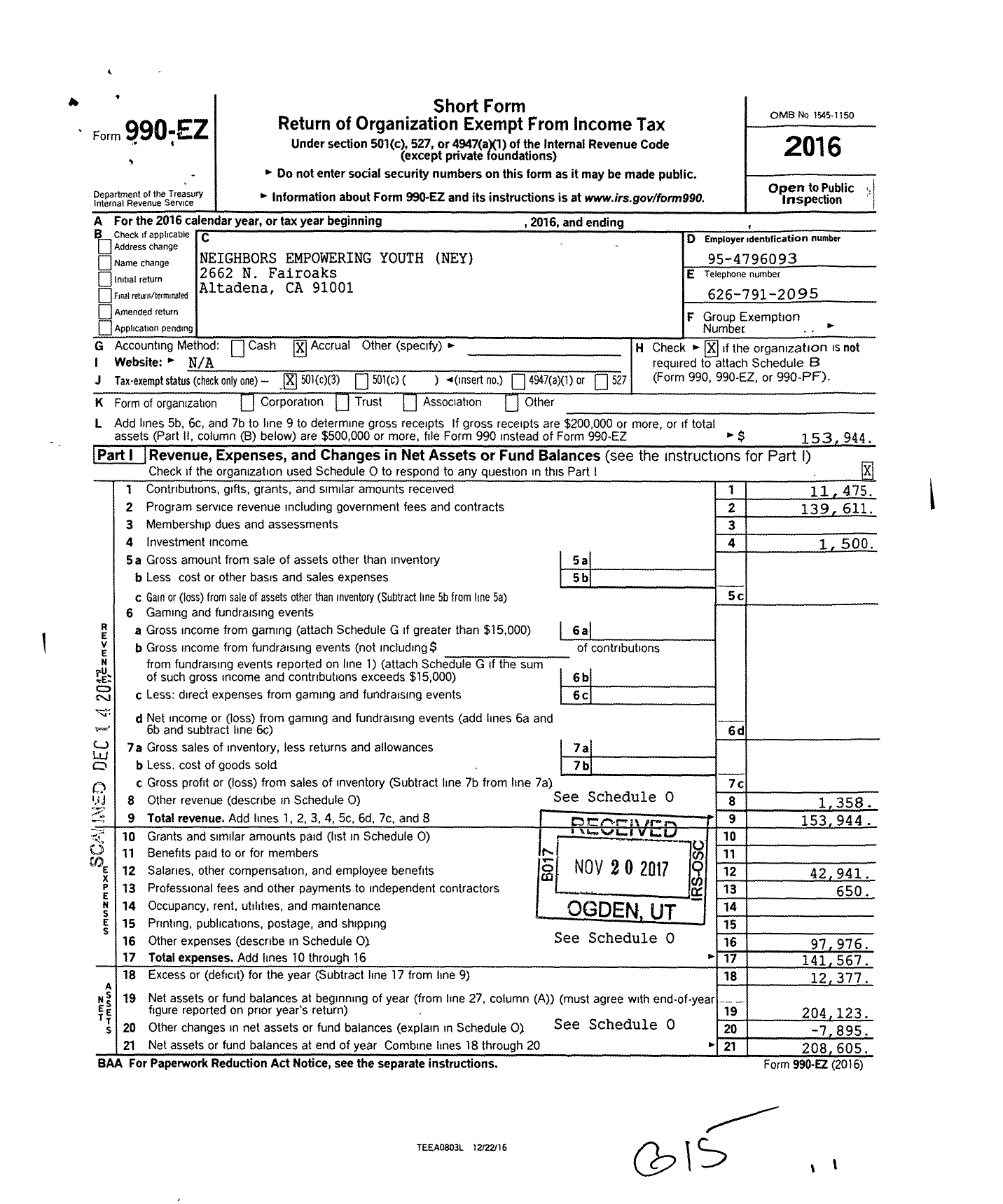 Image of first page of 2016 Form 990EZ for Neighbors Empowering Youth Ney E Y