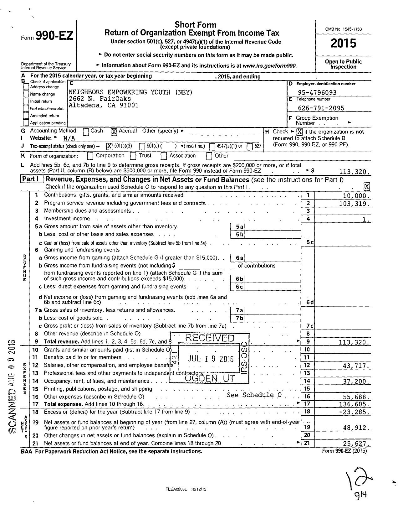 Image of first page of 2015 Form 990EZ for Neighbors Empowering Youth Ney E Y