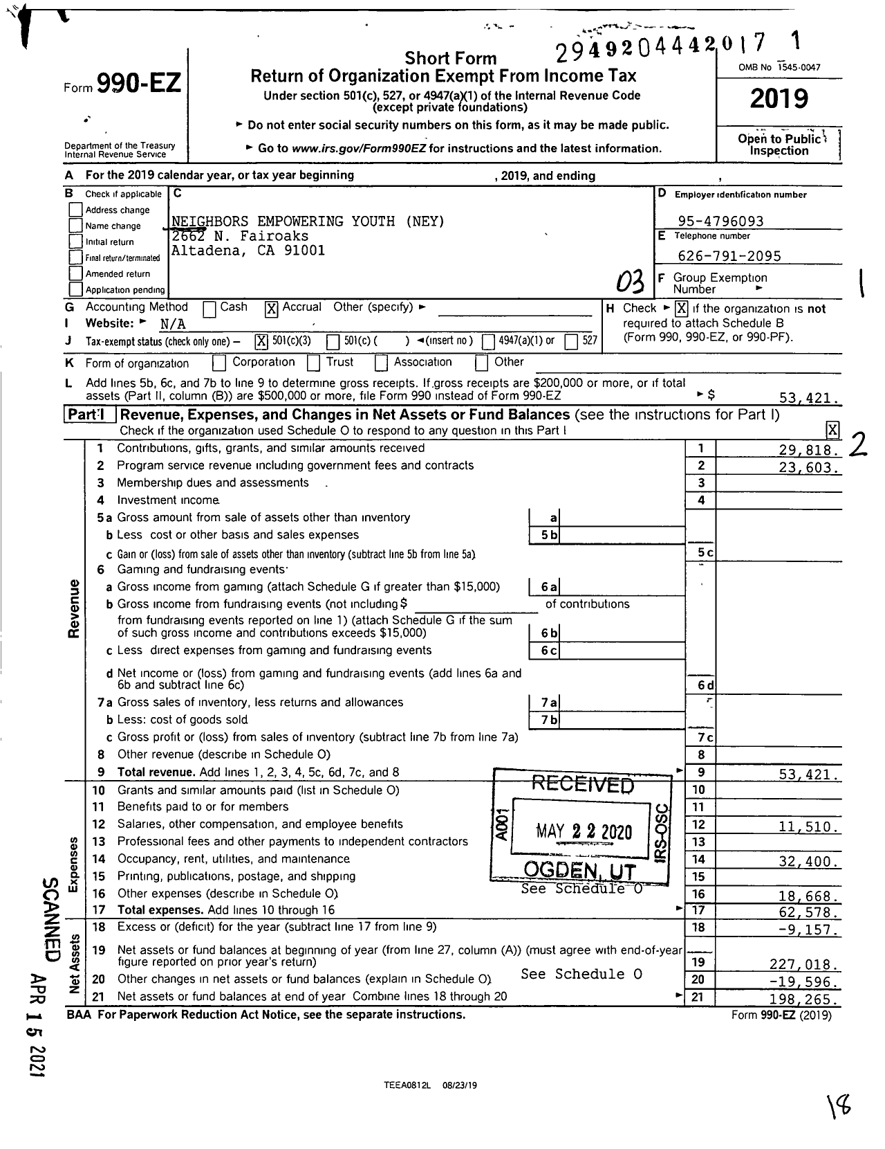 Image of first page of 2019 Form 990EZ for Neighbors Empowering Youth Ney E Y