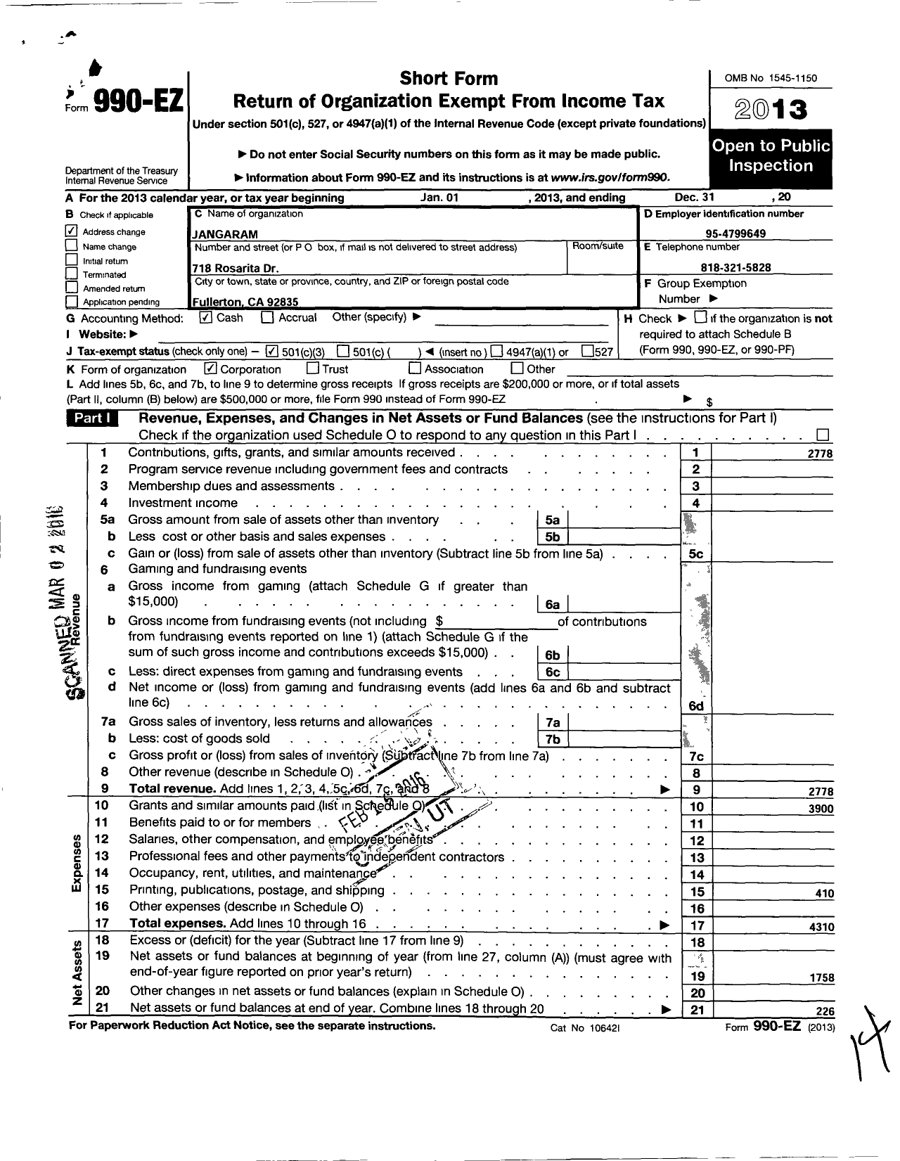 Image of first page of 2013 Form 990EZ for Giving Hearts United