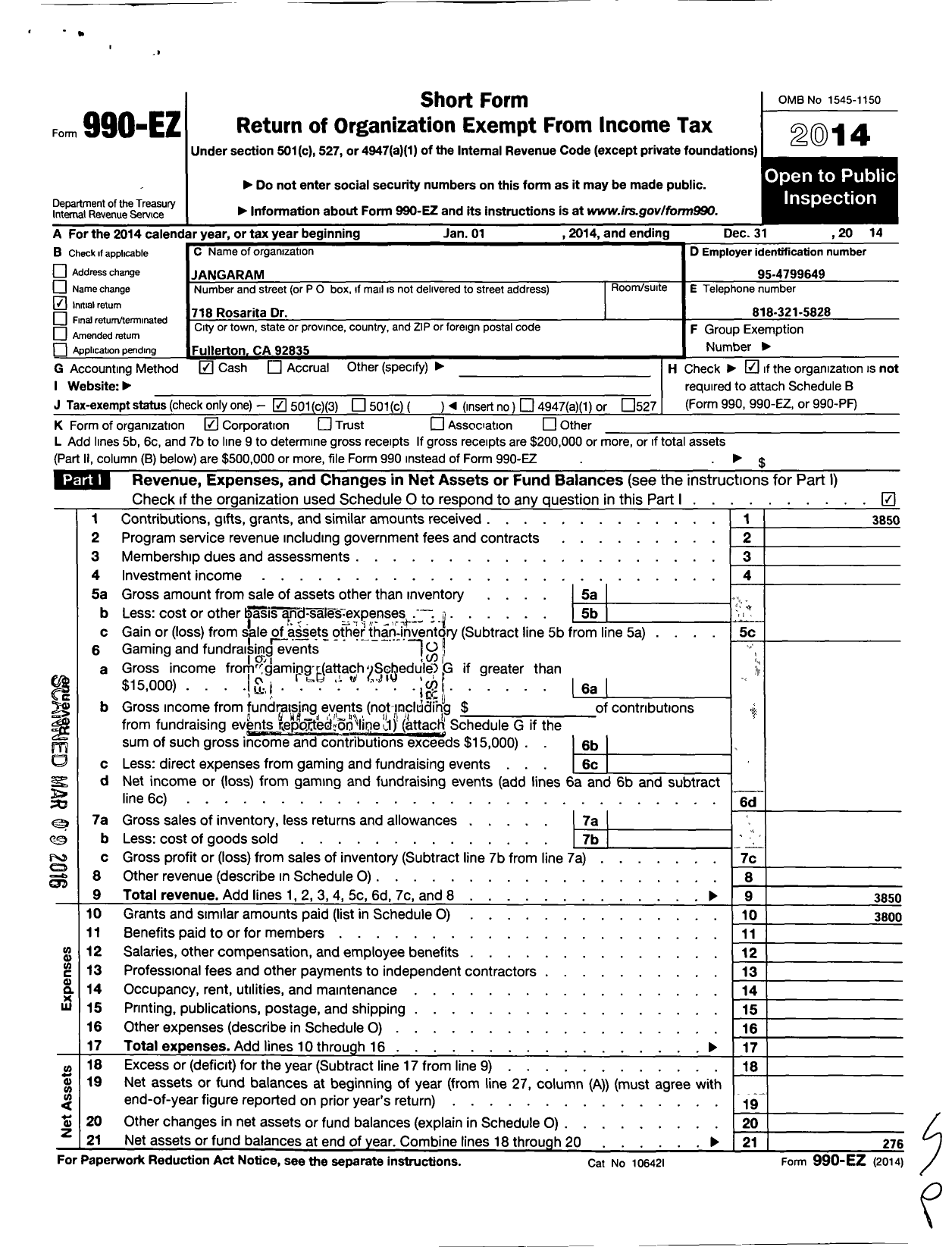 Image of first page of 2014 Form 990EZ for Giving Hearts United