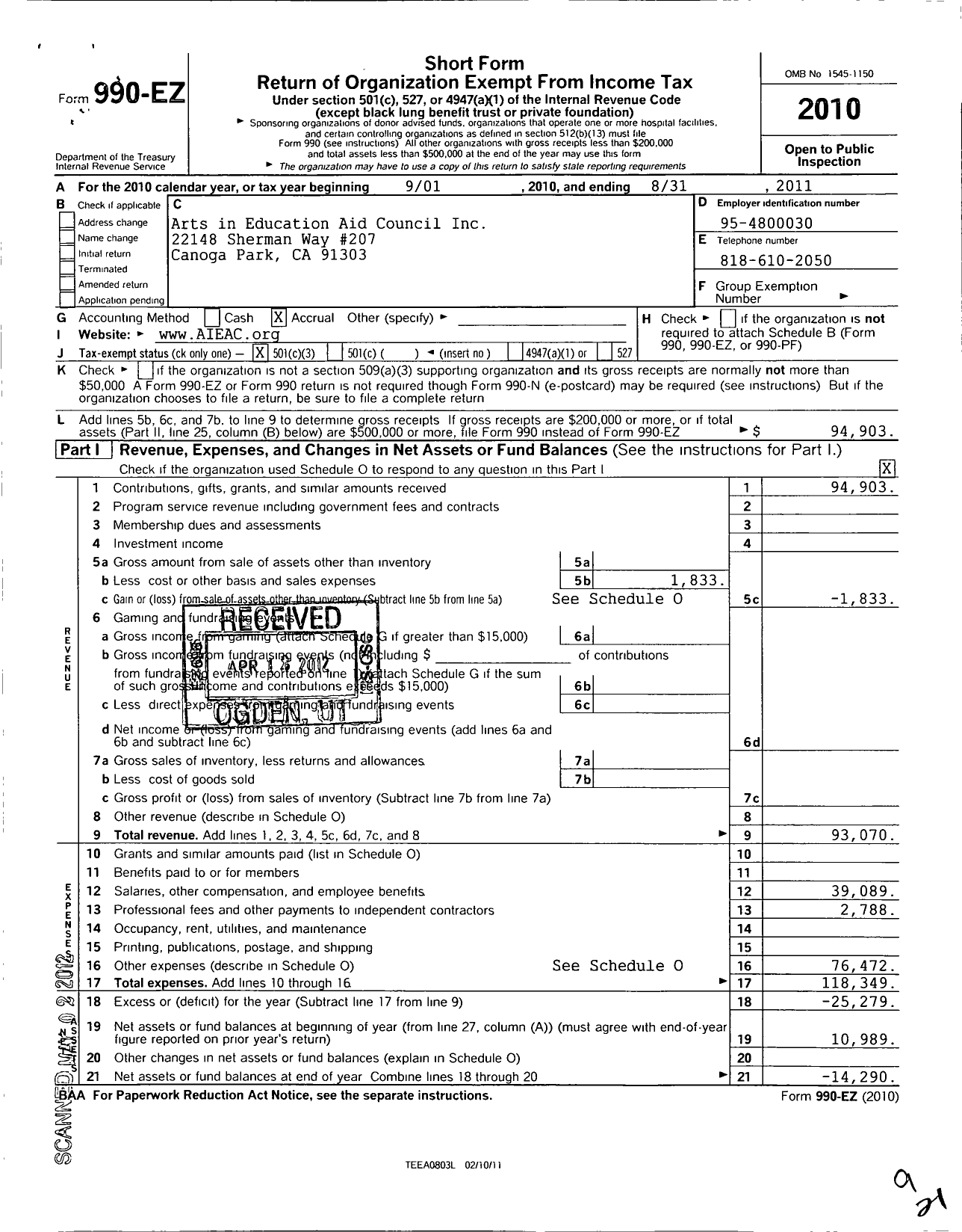 Image of first page of 2010 Form 990EZ for Arts in Education Aid Council