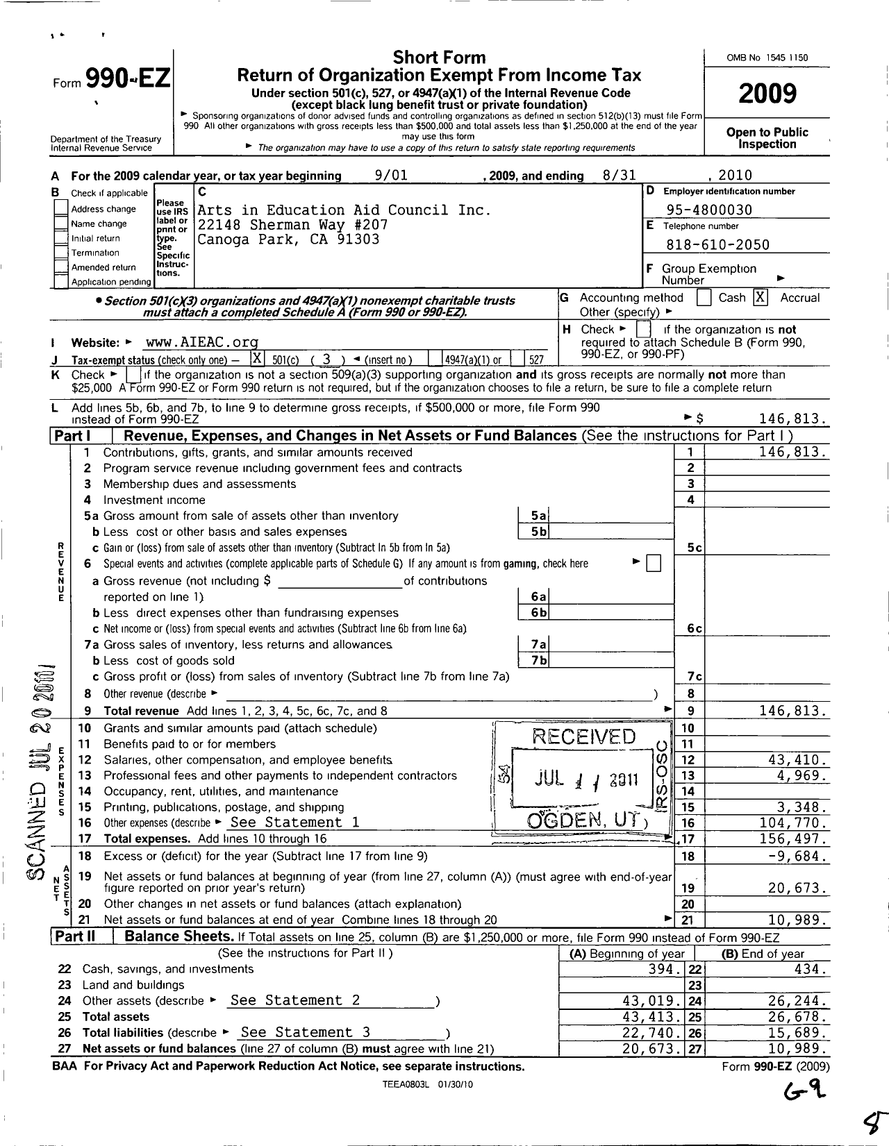 Image of first page of 2009 Form 990EZ for Arts in Education Aid Council