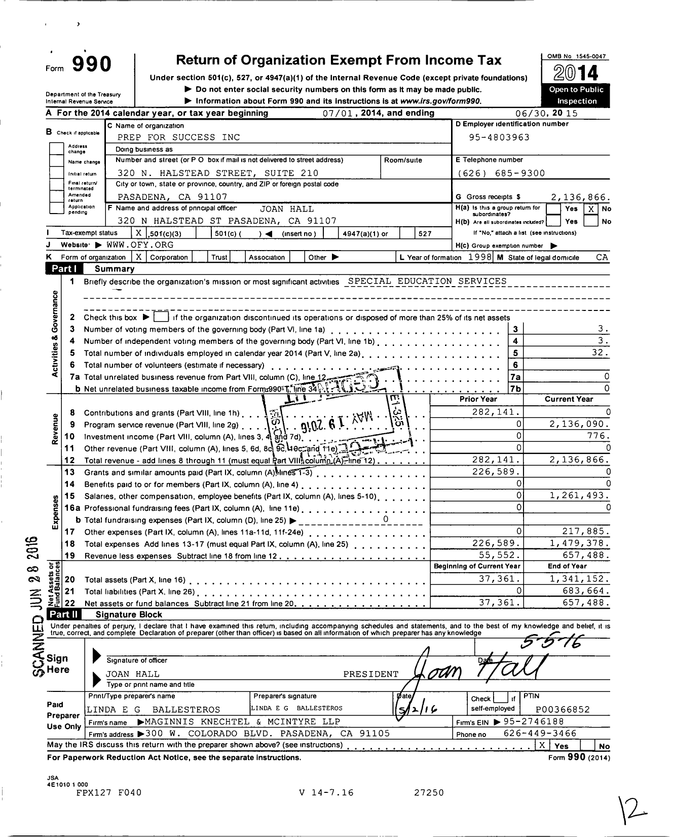 Image of first page of 2014 Form 990 for Prep for Success