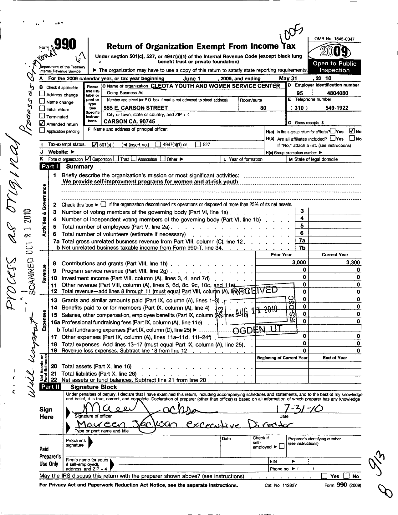 Image of first page of 2009 Form 990O for Cleota Youth and Women Service Center