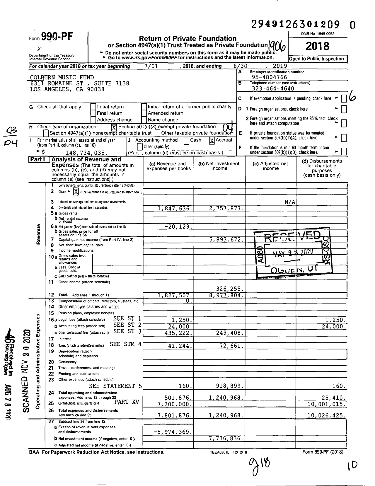 Image of first page of 2018 Form 990PF for Colburn Music Fund