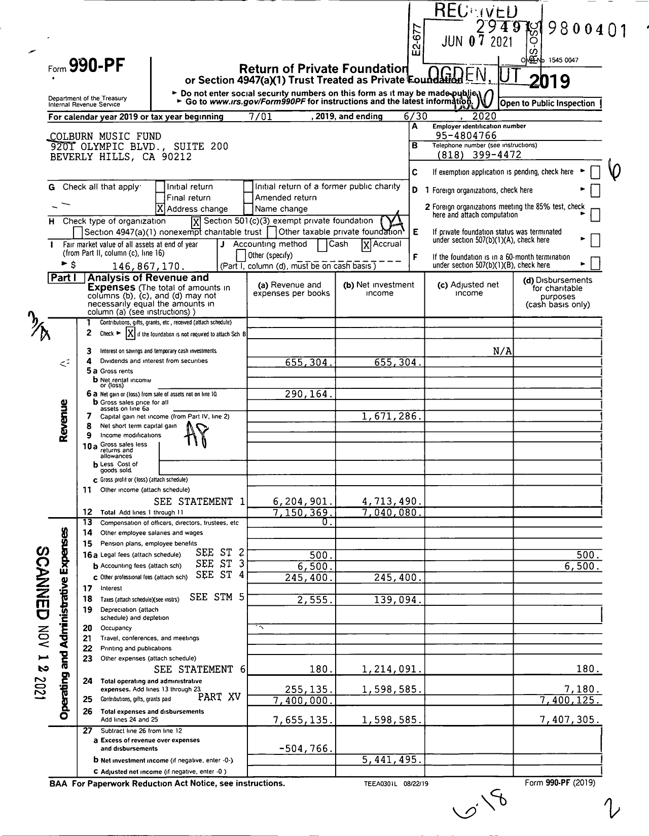 Image of first page of 2019 Form 990PF for Colburn Music Fund