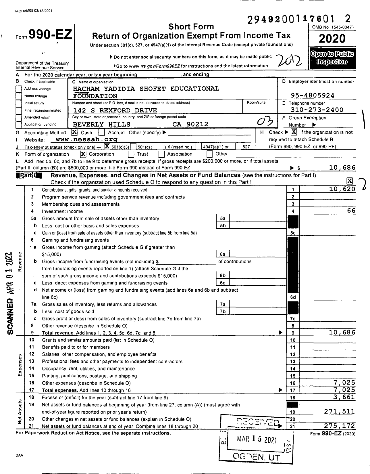 Image of first page of 2020 Form 990EZ for Hacham Yadidia Shofet Educational Foundation