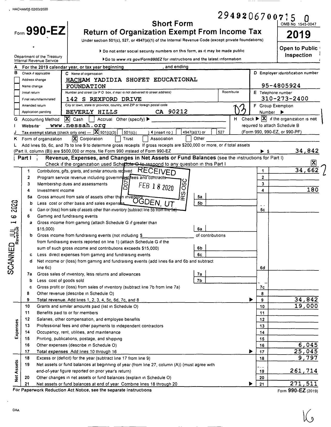 Image of first page of 2019 Form 990EZ for Hacham Yadidia Shofet Educational Foundation