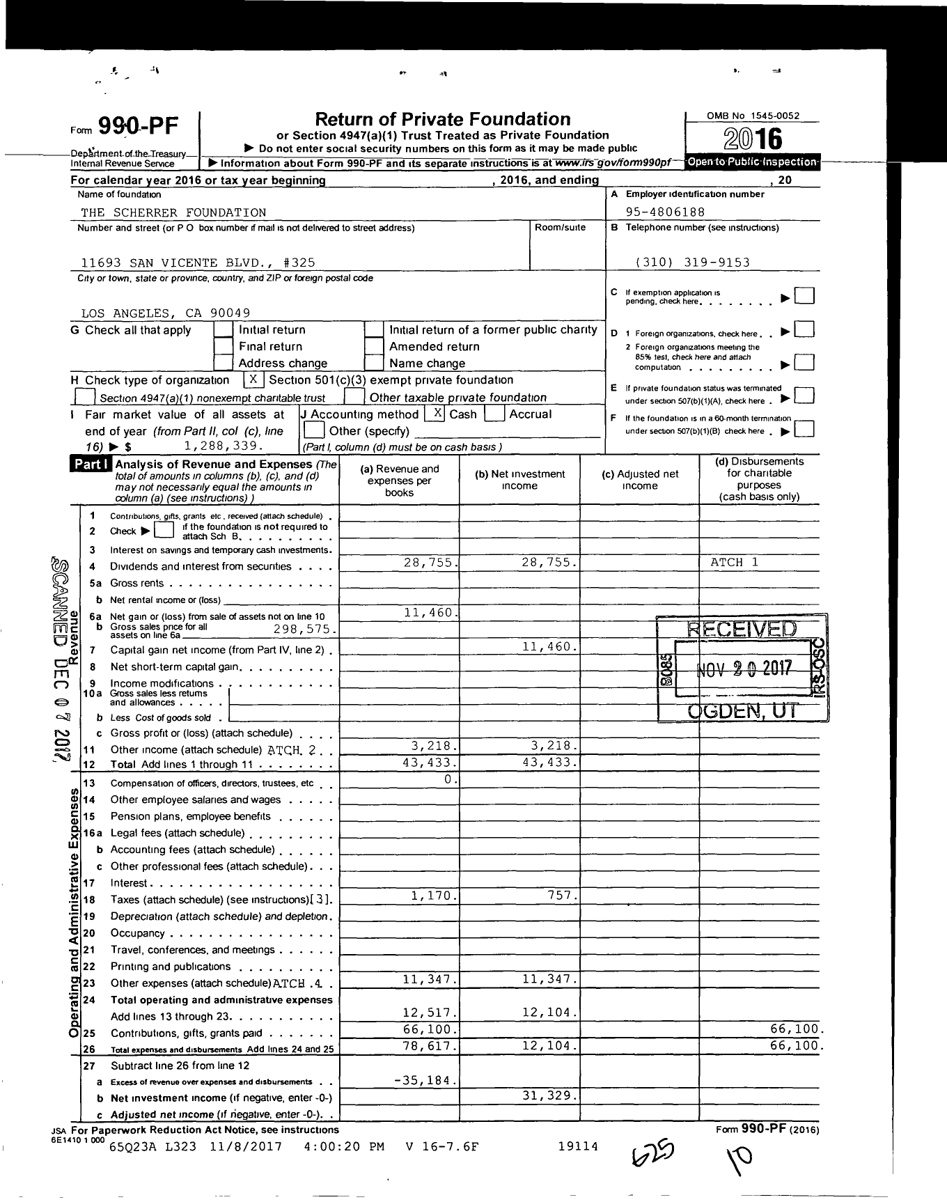 Image of first page of 2016 Form 990PF for The Scherrer Foundation