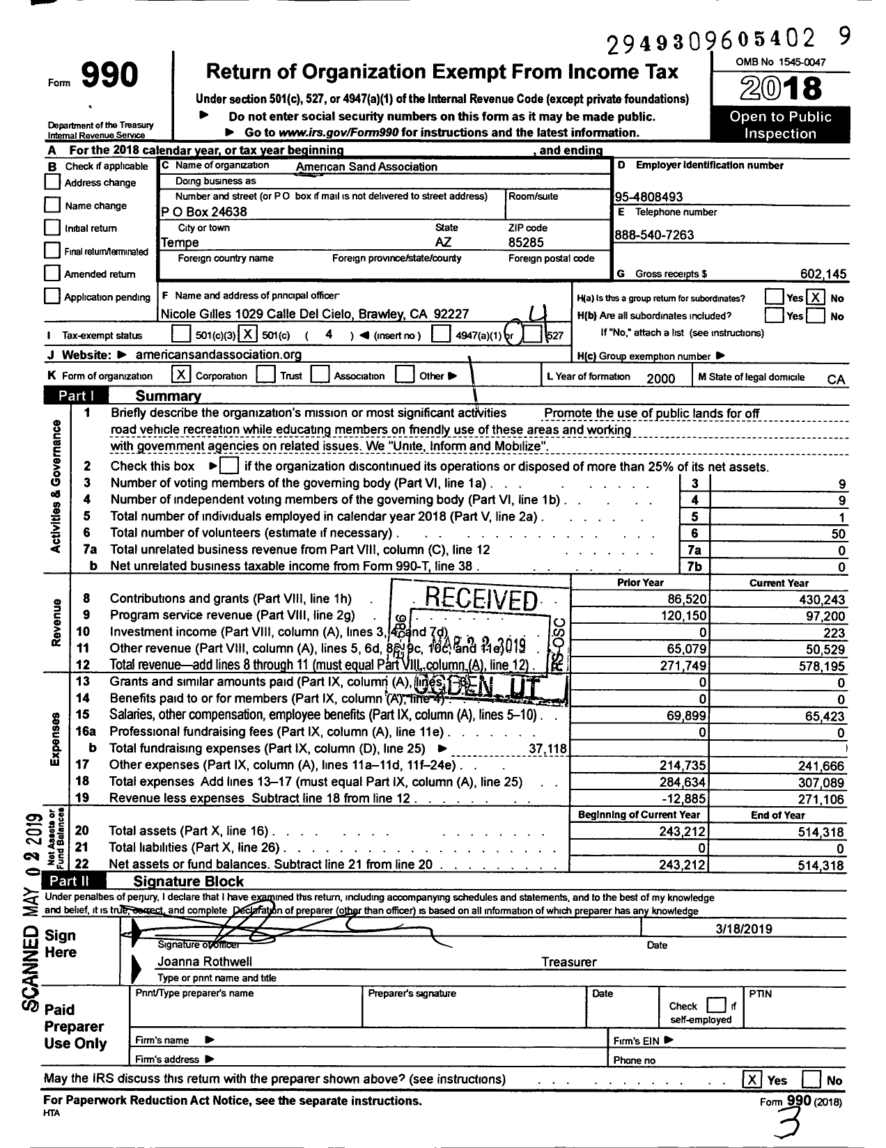 Image of first page of 2018 Form 990O for American Sand Association