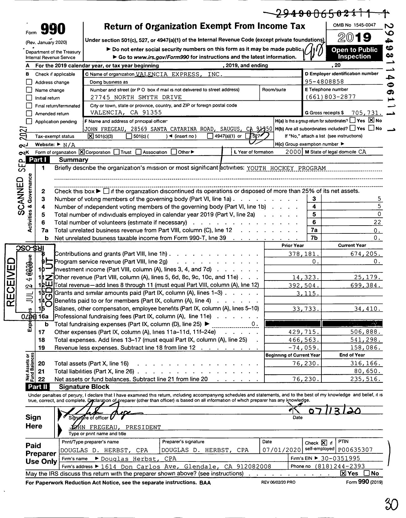 Image of first page of 2019 Form 990 for Valencia Express