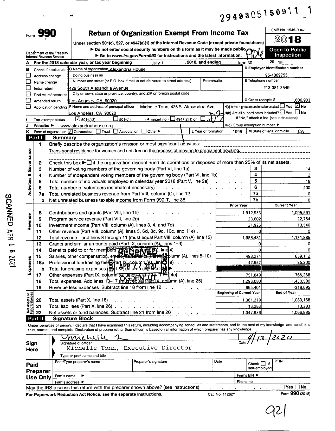 Image of first page of 2018 Form 990 for Alexandria House