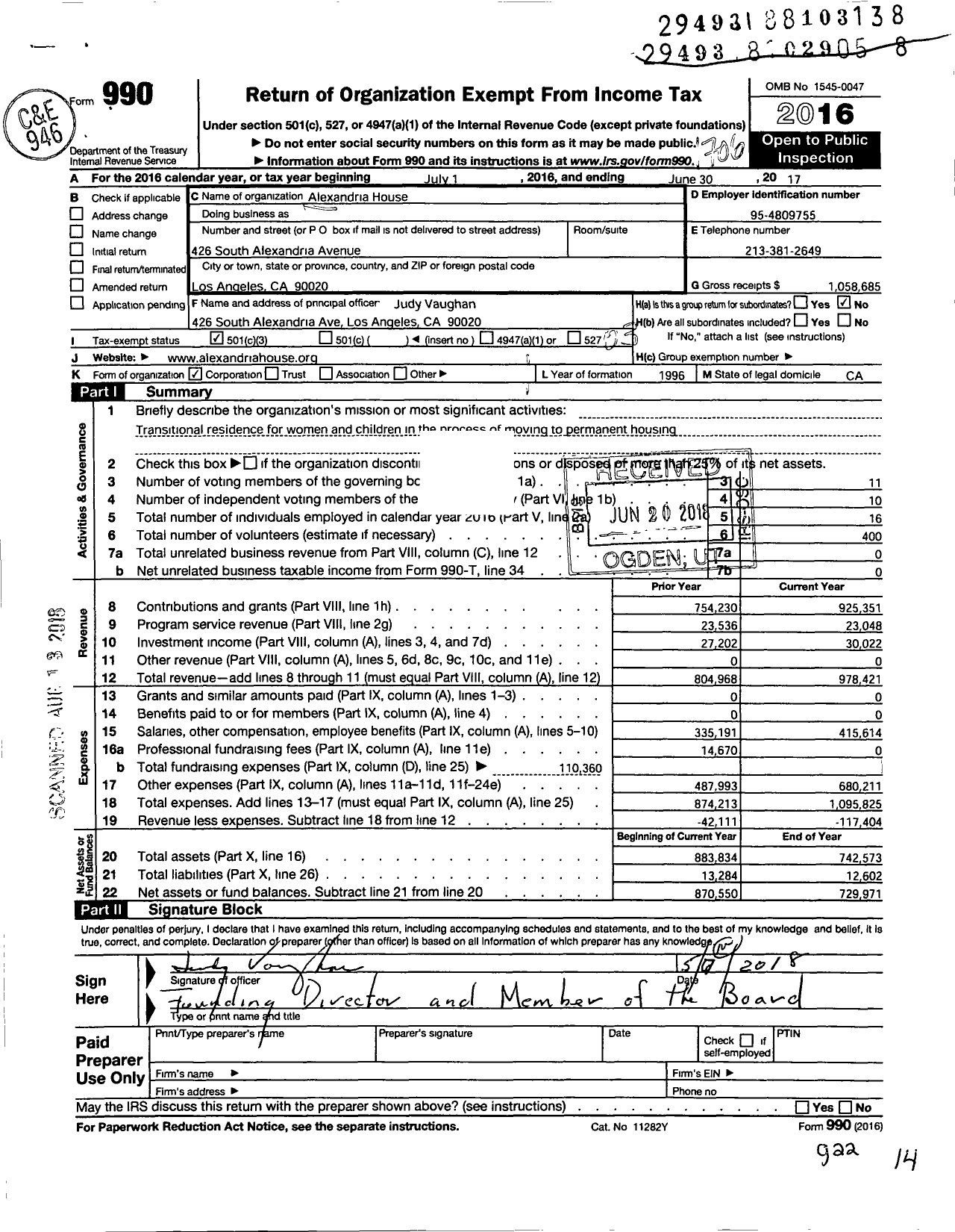 Image of first page of 2016 Form 990 for Alexandria House