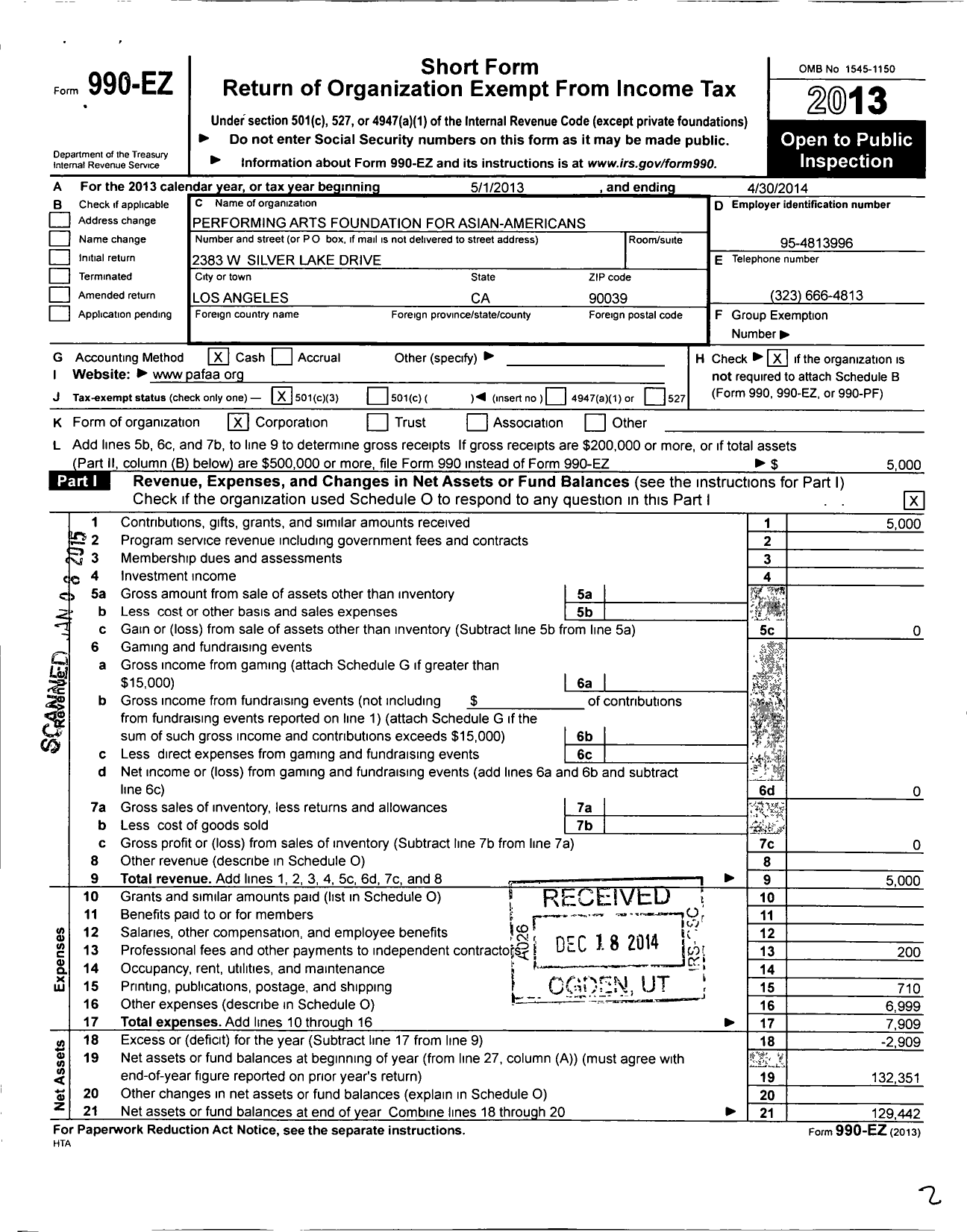 Image of first page of 2013 Form 990EZ for Performing Arts Foundation for Asian-Americans