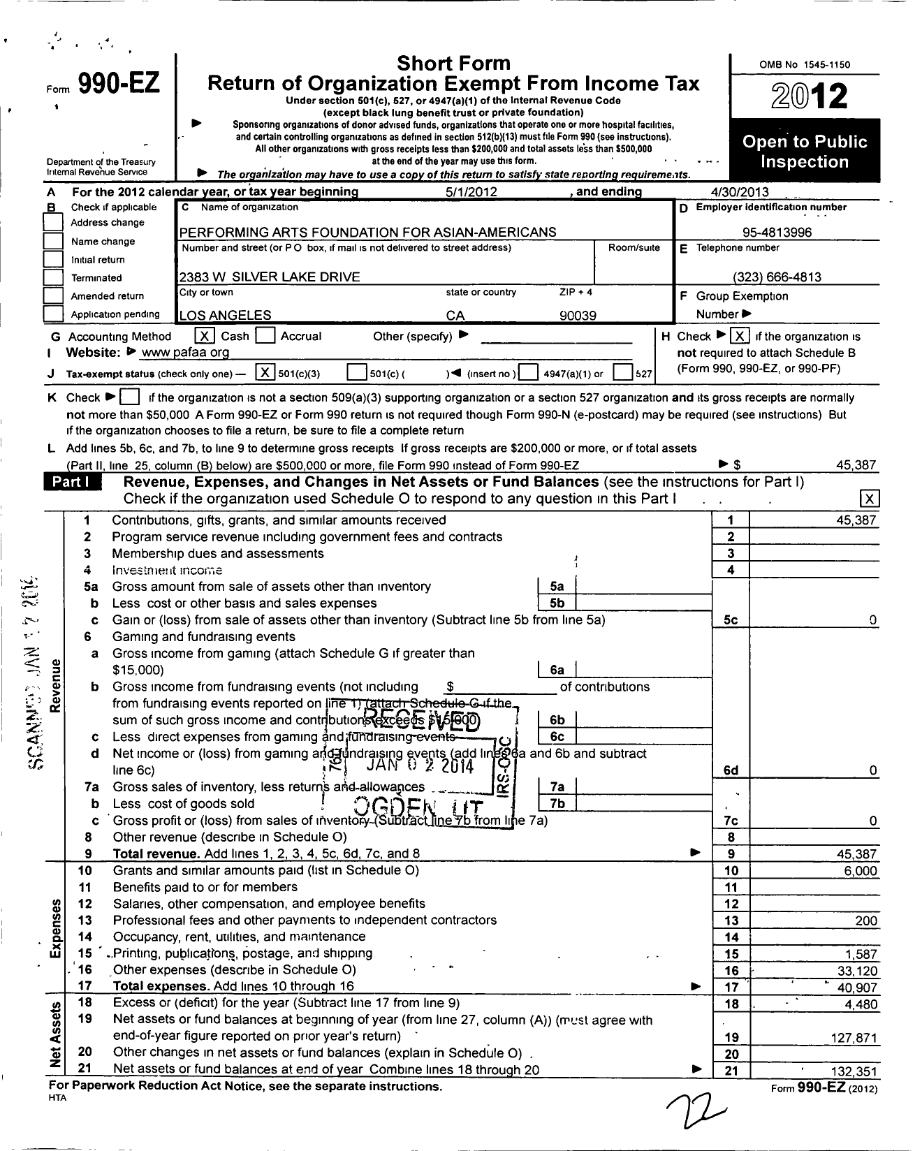 Image of first page of 2012 Form 990EZ for Performing Arts Foundation for Asian-Americans