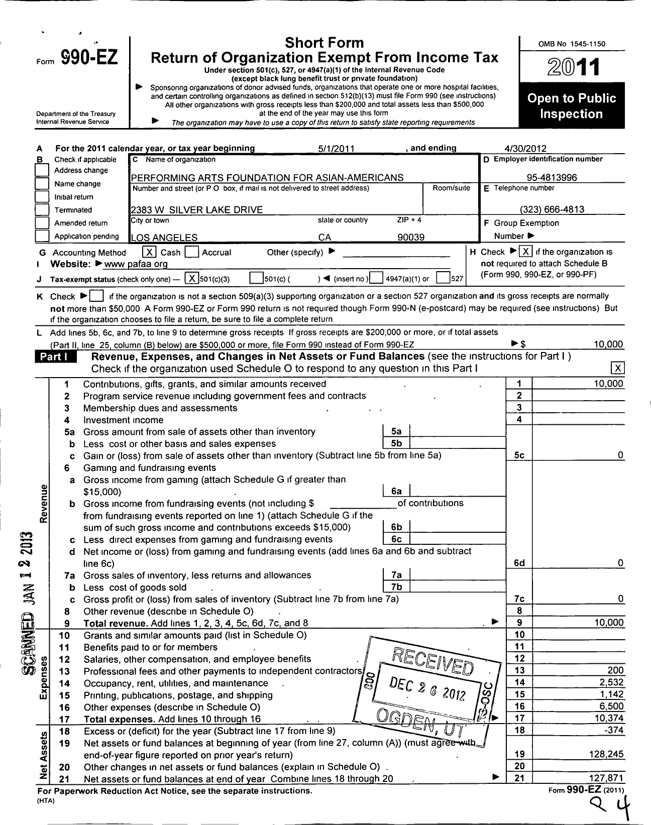 Image of first page of 2011 Form 990EZ for Performing Arts Foundation for Asian-Americans