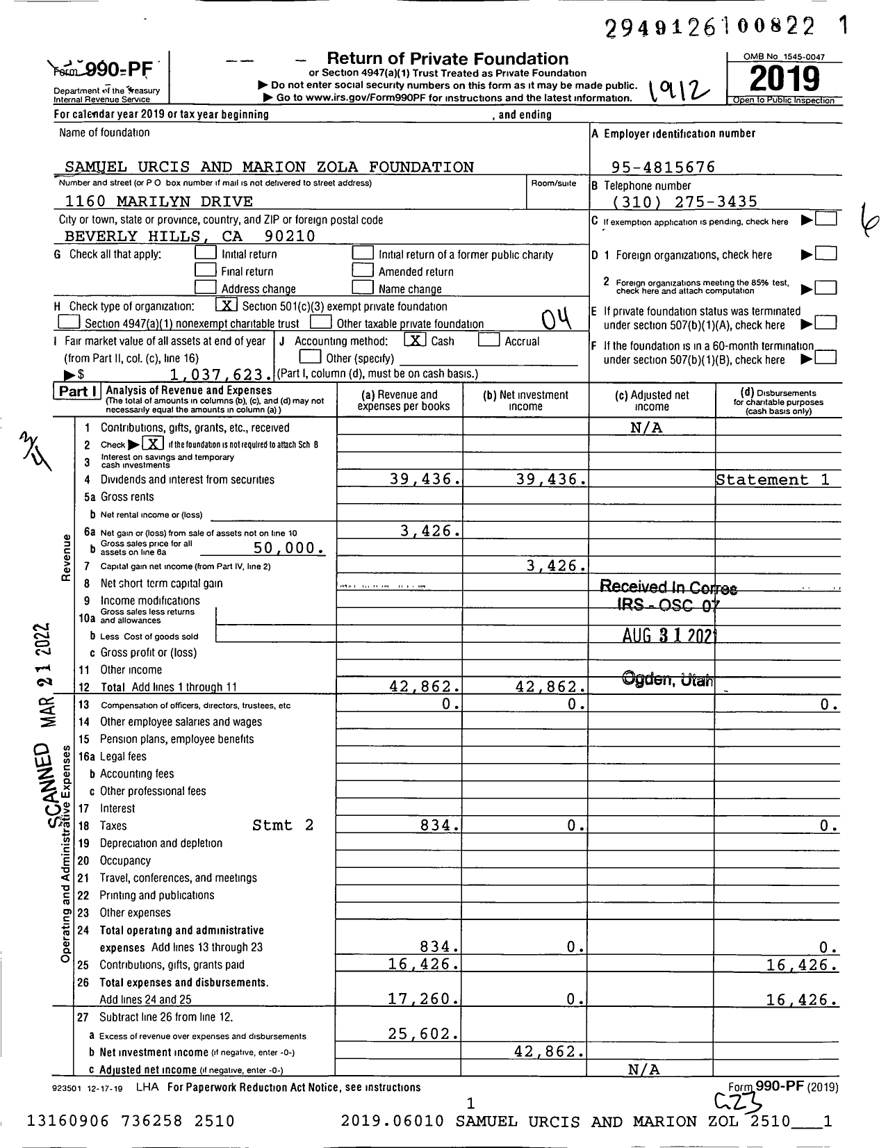 Image of first page of 2019 Form 990PF for Samuel Urcis and Marion Zola Foundation