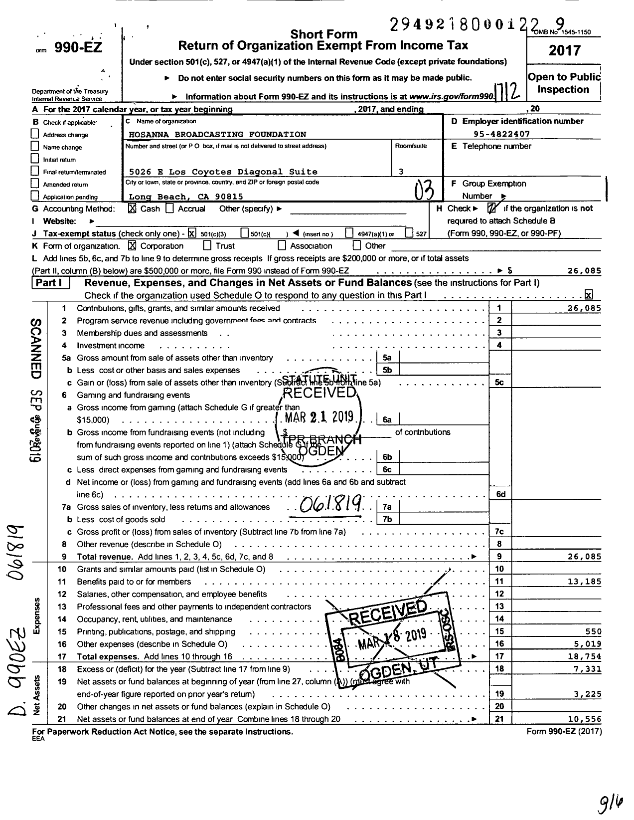 Image of first page of 2017 Form 990EZ for Hosanna Broacasting Foundation