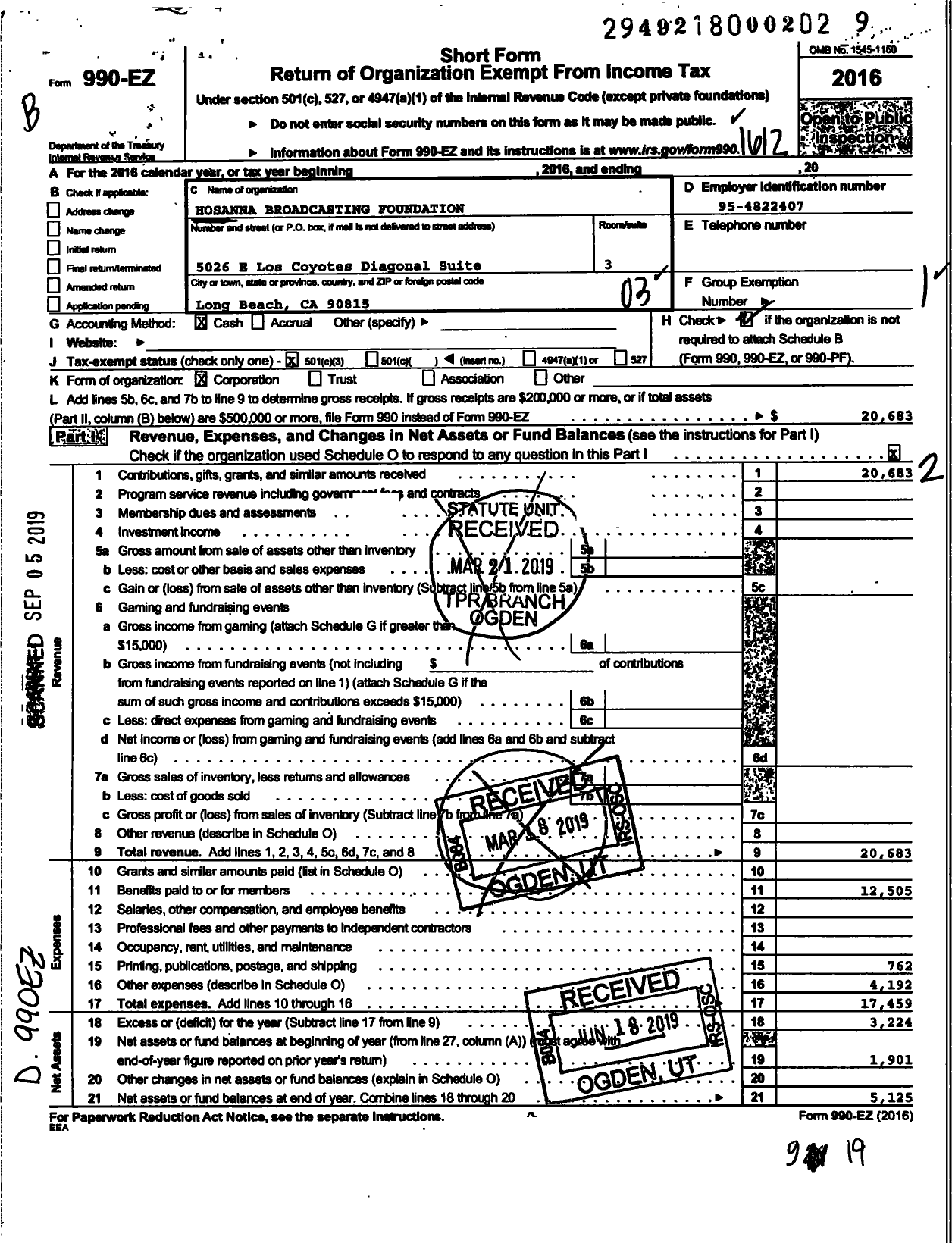 Image of first page of 2016 Form 990EZ for Hosanna Broacasting Foundation