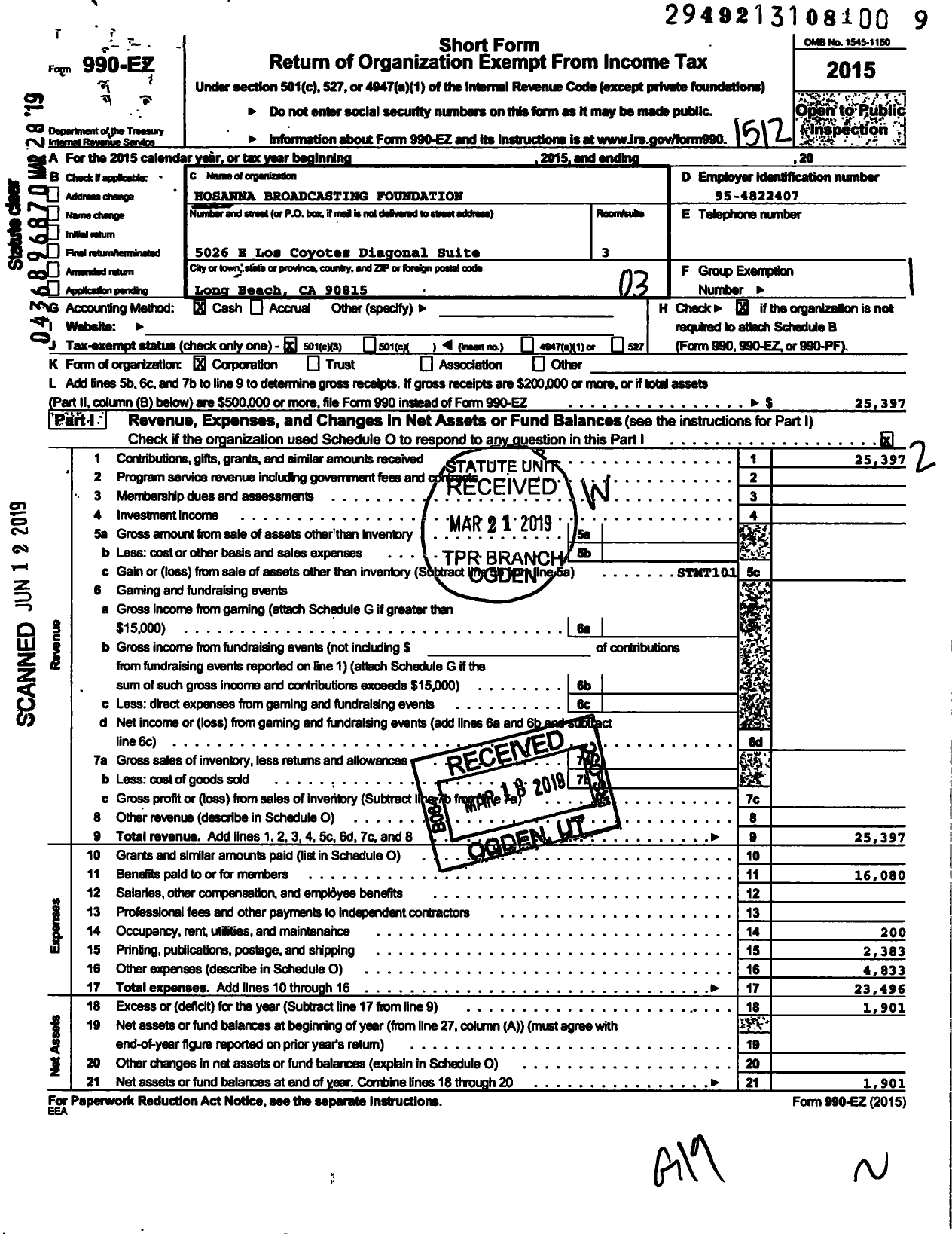 Image of first page of 2015 Form 990EZ for Hosanna Broacasting Foundation