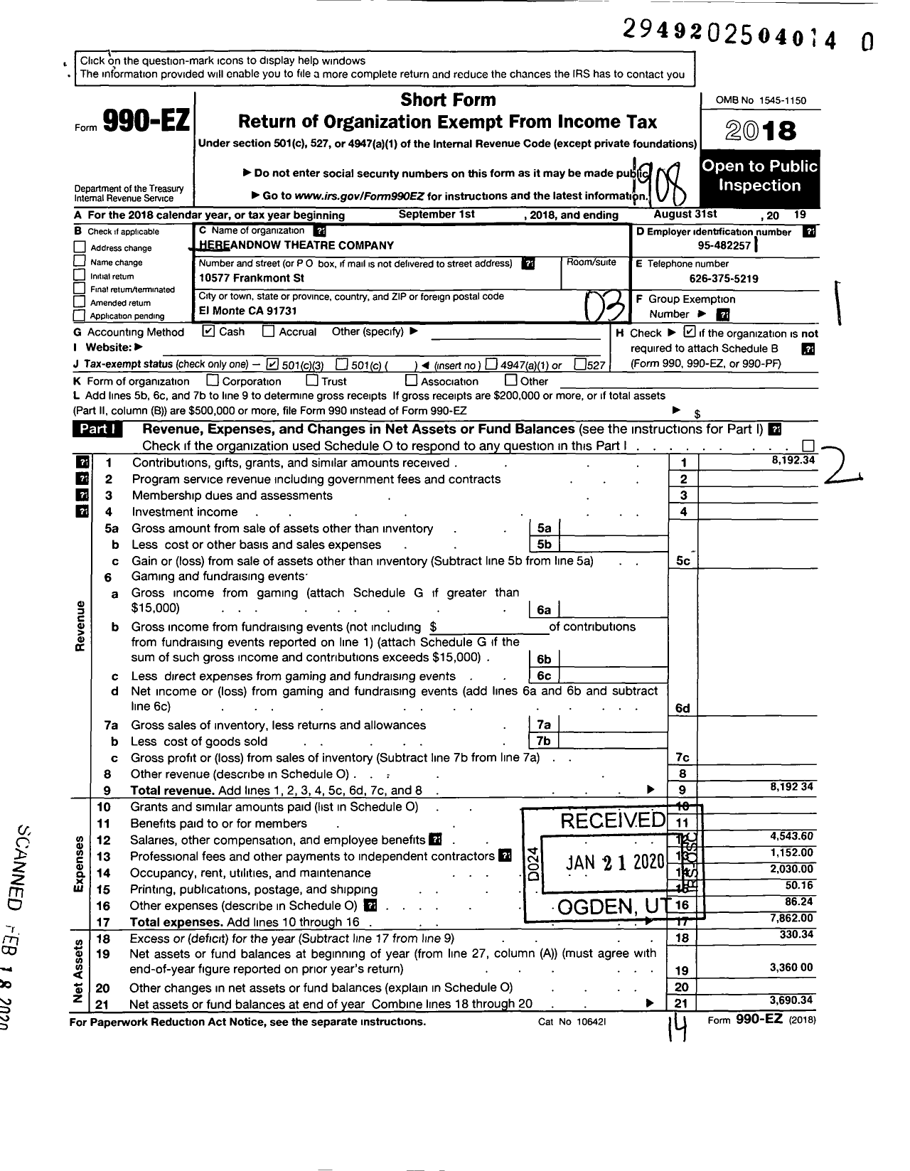 Image of first page of 2018 Form 990EZ for Hereandnow Theatre Company