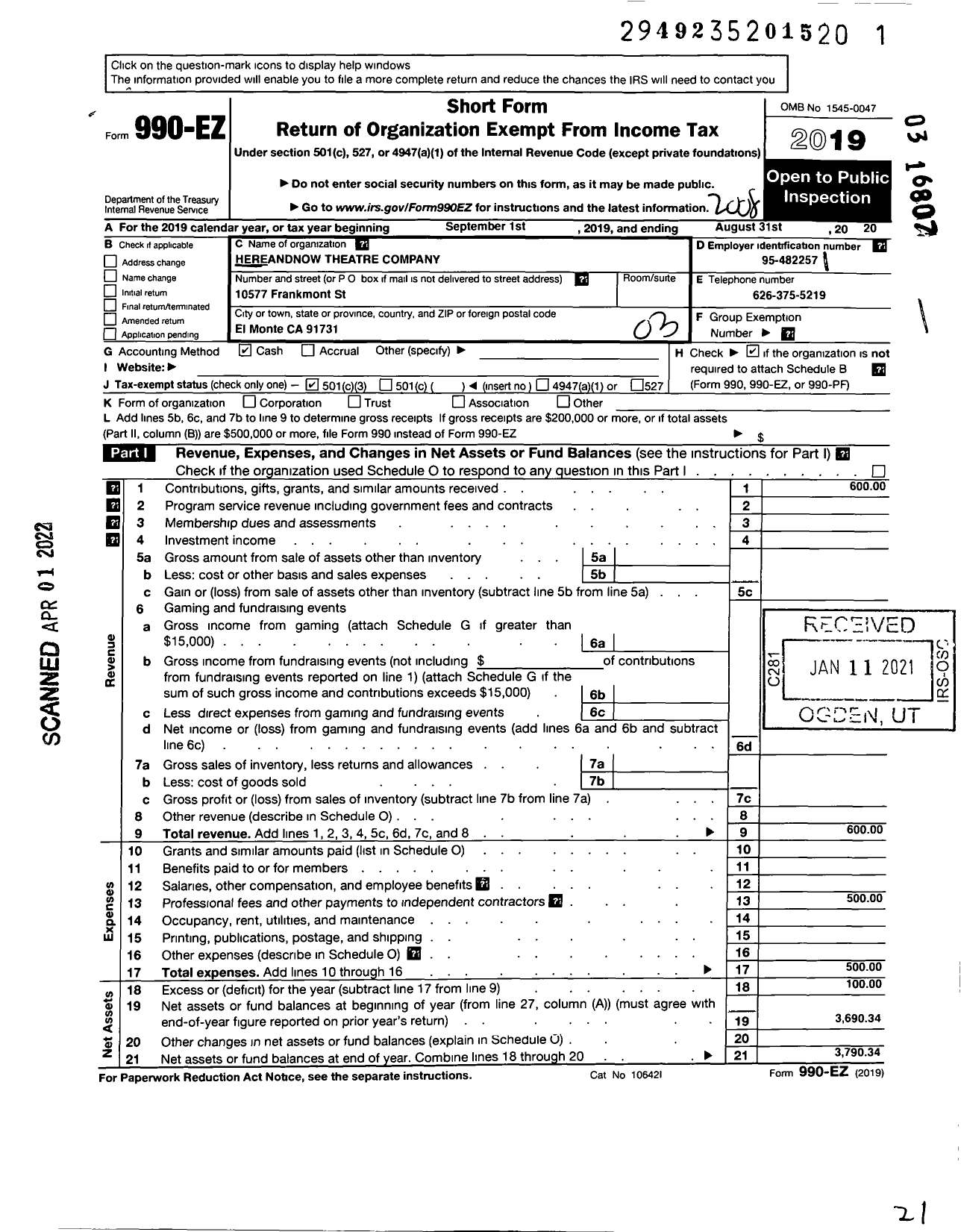 Image of first page of 2019 Form 990EZ for Hereandnow Theatre Company