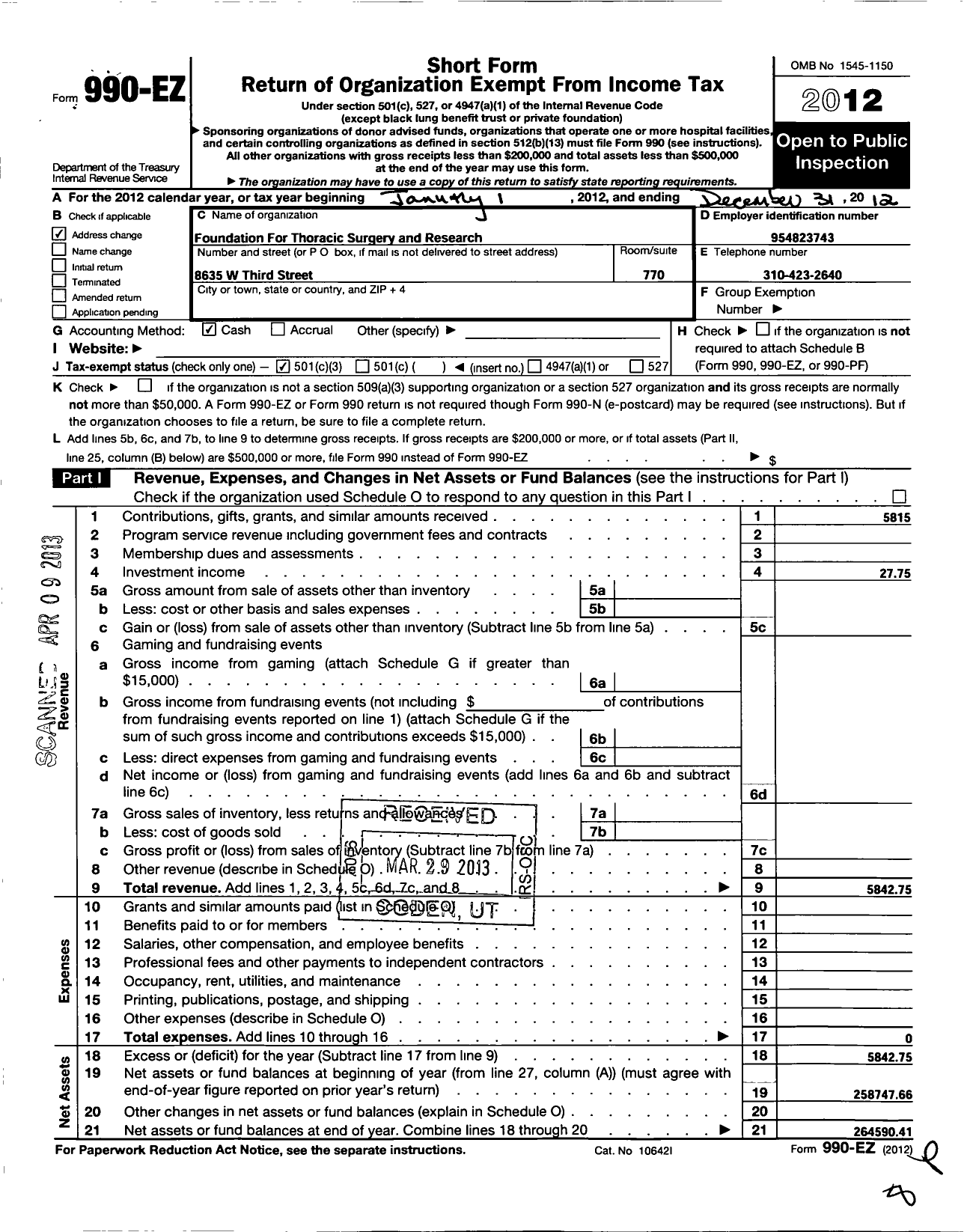 Image of first page of 2012 Form 990EZ for Foundation for Thoracic Surgery and Research