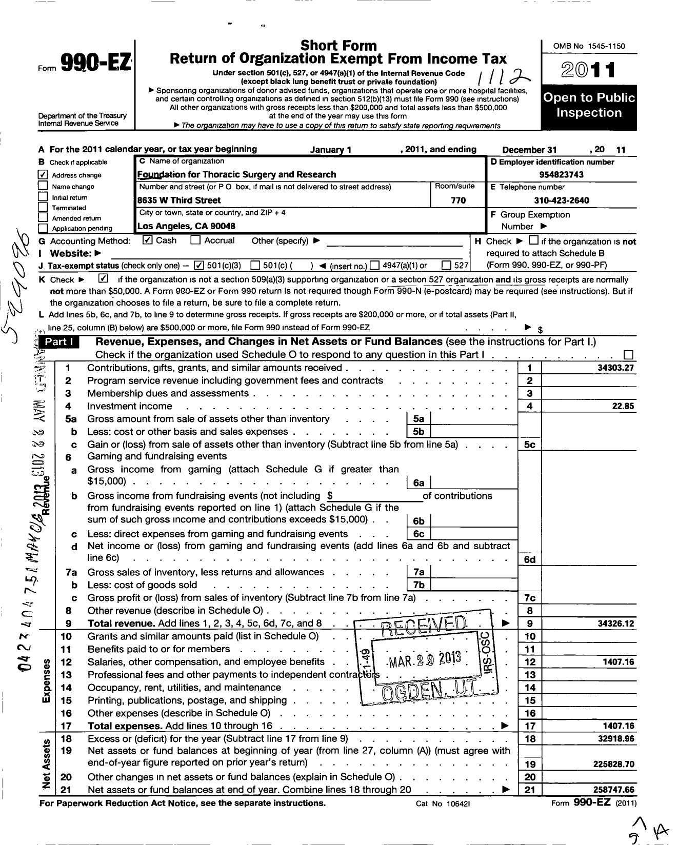 Image of first page of 2011 Form 990EZ for Foundation for Thoracic Surgery and Research