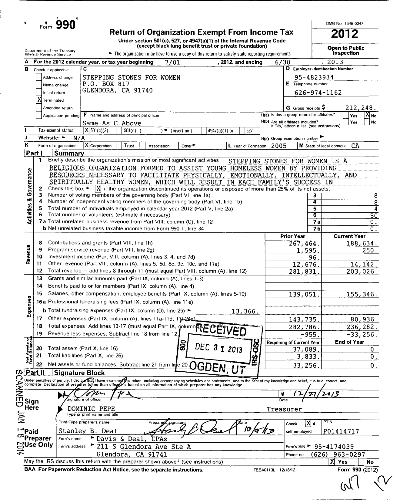 Image of first page of 2012 Form 990 for Stepping Stones for Women