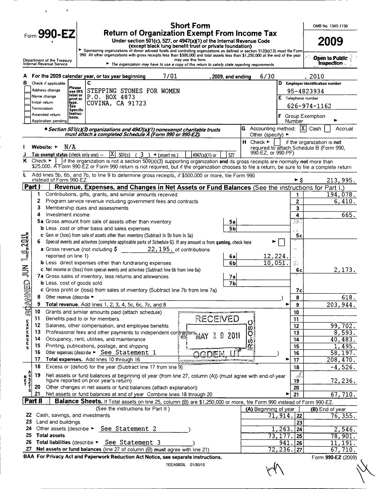 Image of first page of 2009 Form 990EZ for Stepping Stones for Women