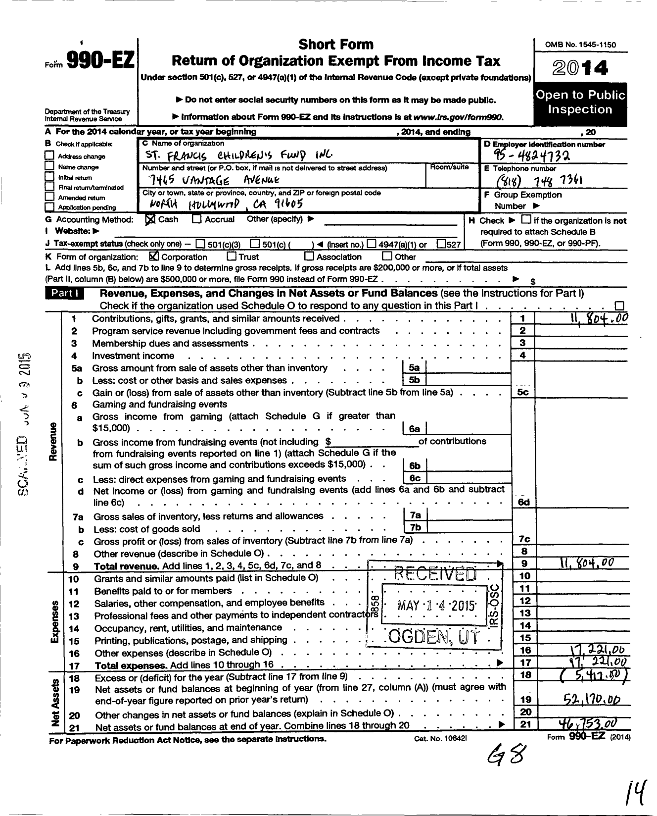 Image of first page of 2014 Form 990EO for St Francis Childrens Fund